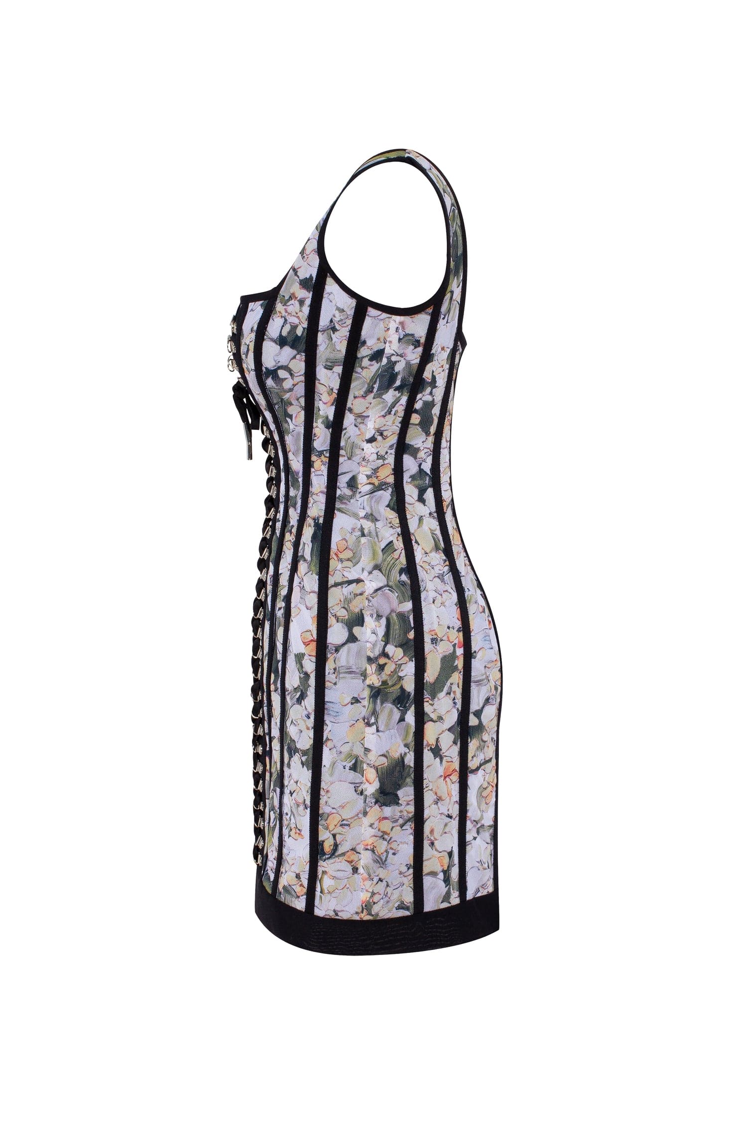 Alluring floral mini dress with bold lace-up hook closure
