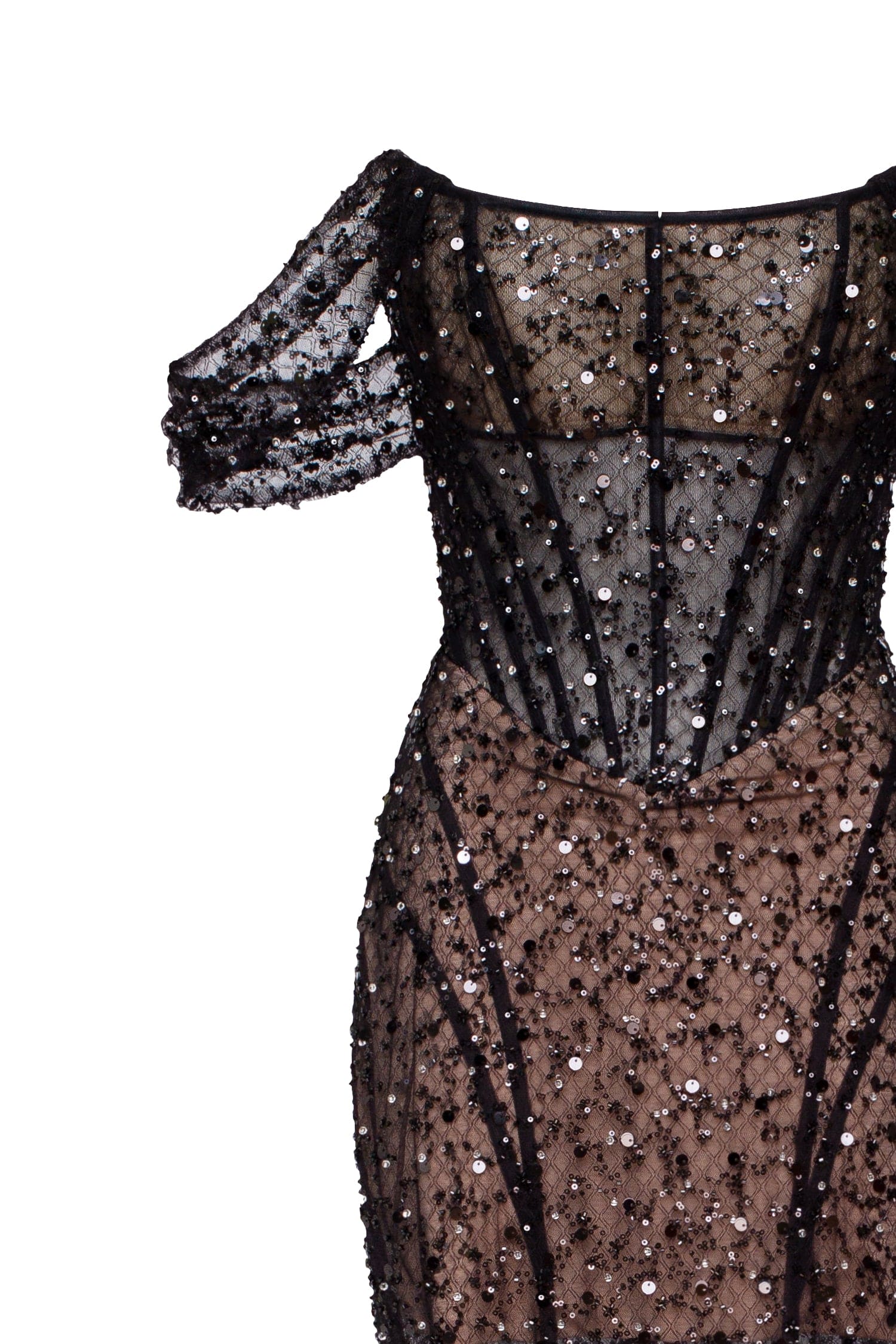 Striking black sequined fitted maxi dress, Midnight Walk