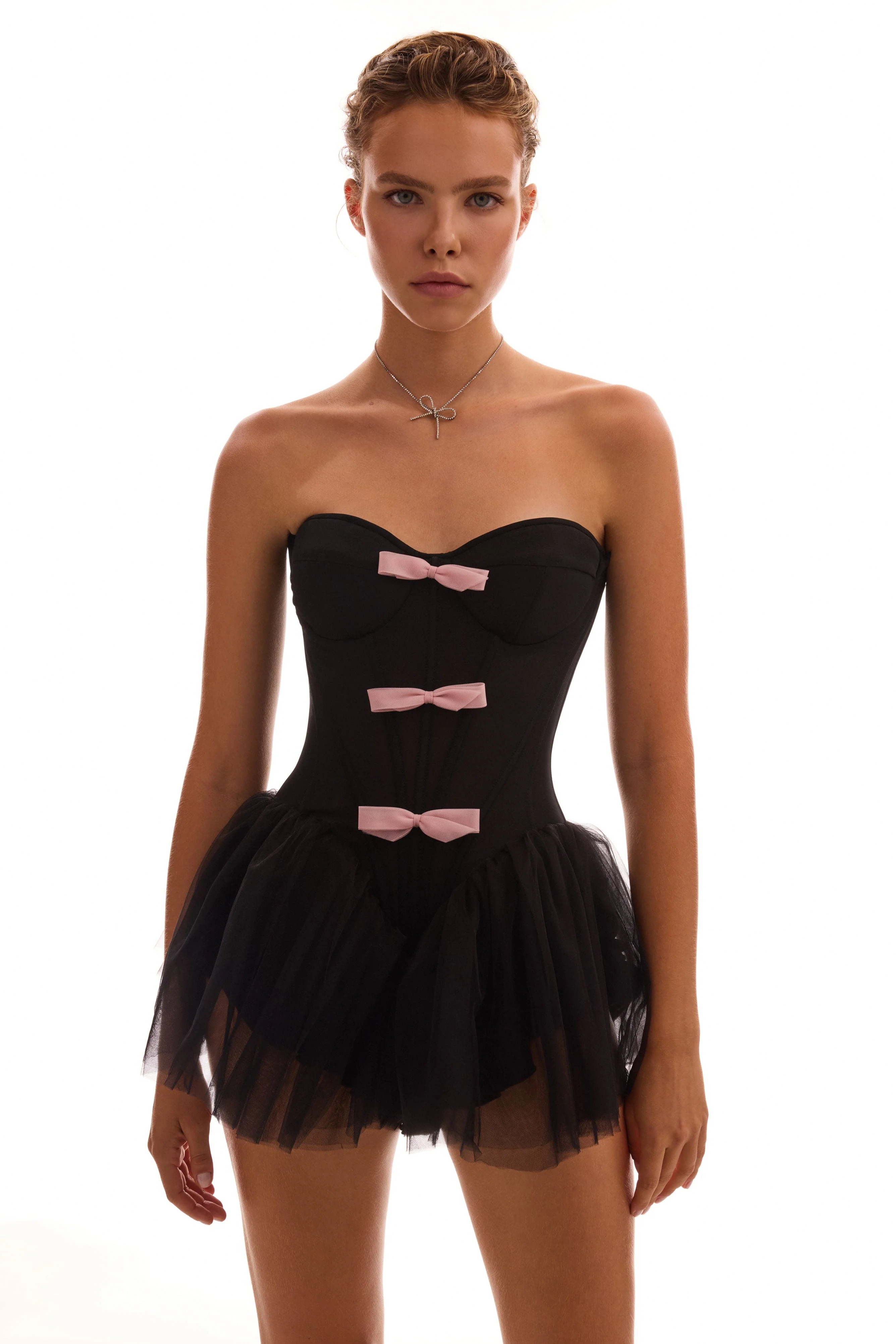 Tutu black mini dress with cute pink bows, Midnight Walk