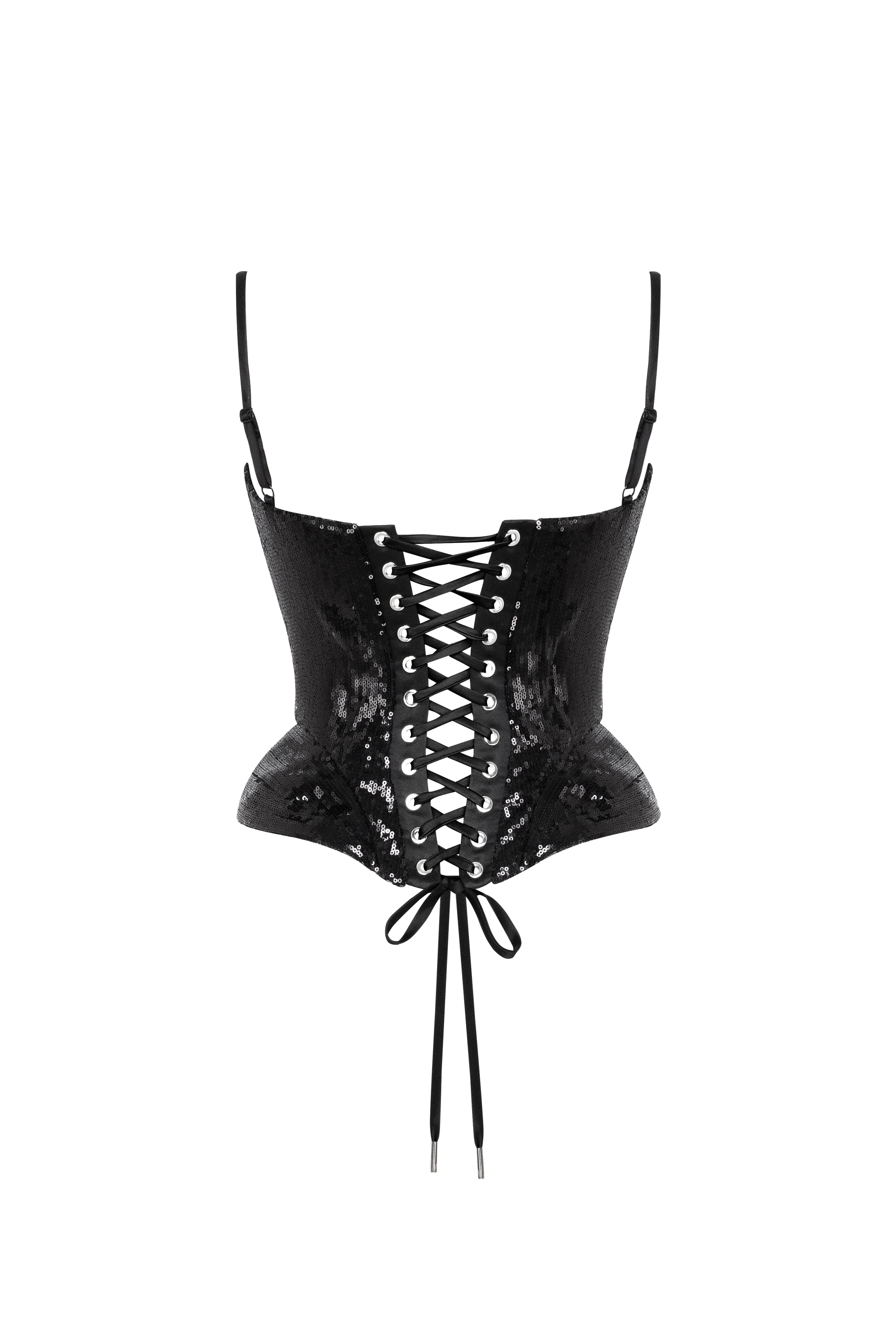 Sensational spaghetti straps sequined black corset, Midnight Walk