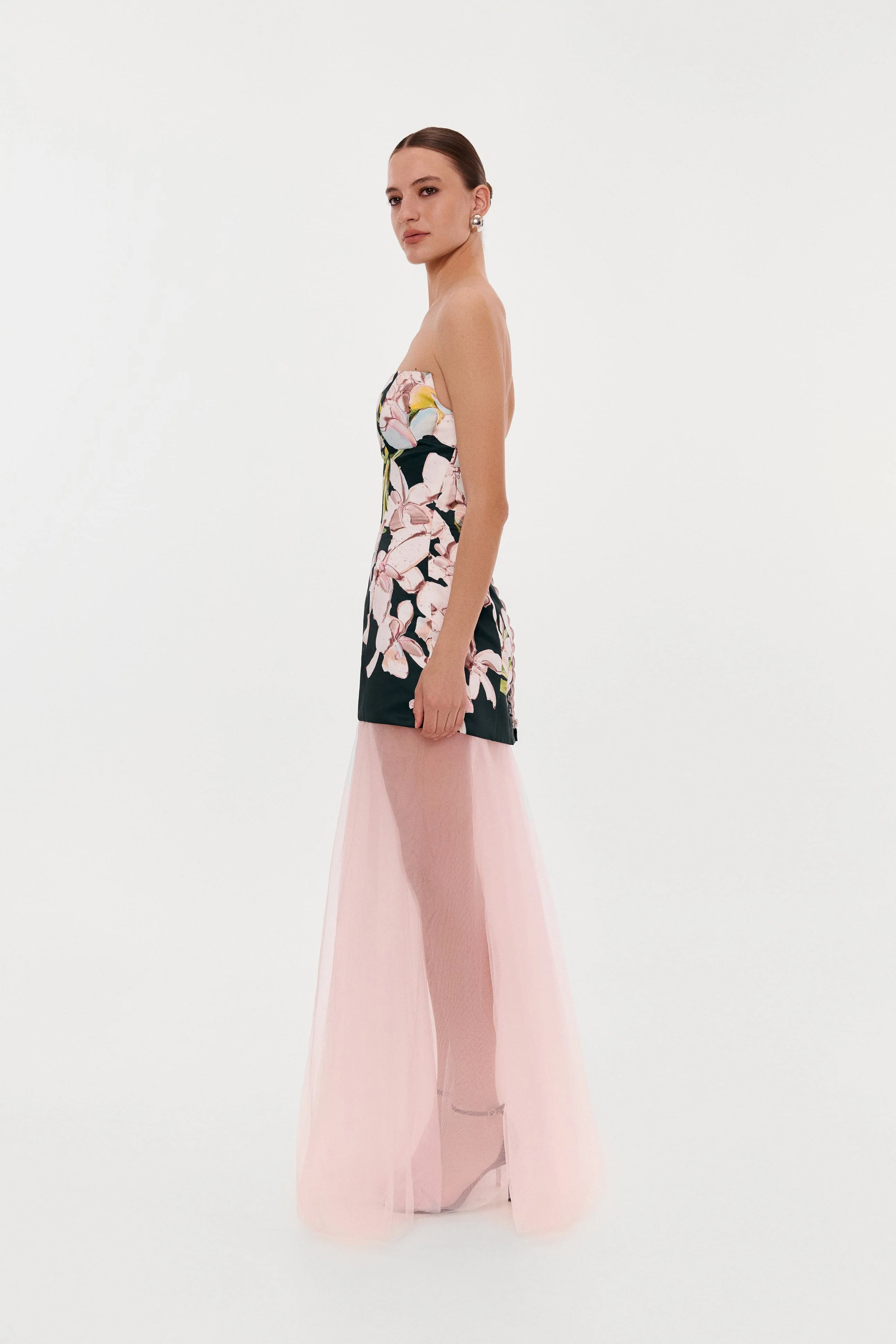 2-in-1 floral mini with a detachable candy pink sheer underskirt