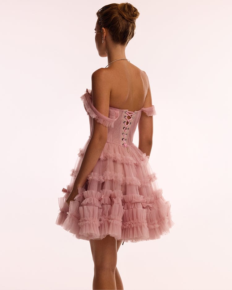 Flirty ruffled tulle mini dress in misty rose, Glow-Up