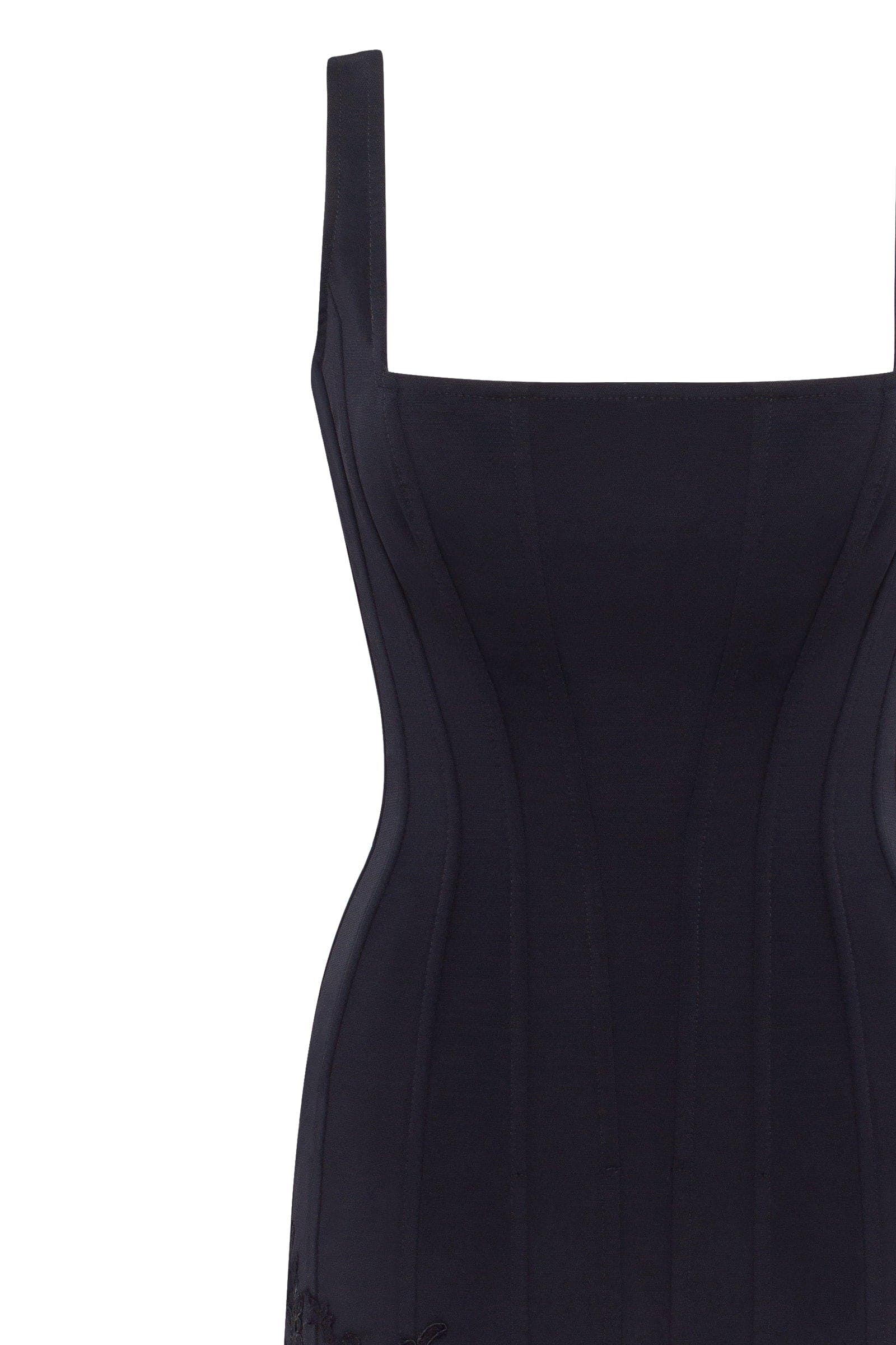 Sultry black corset mini dress with lace hem, Parisienne