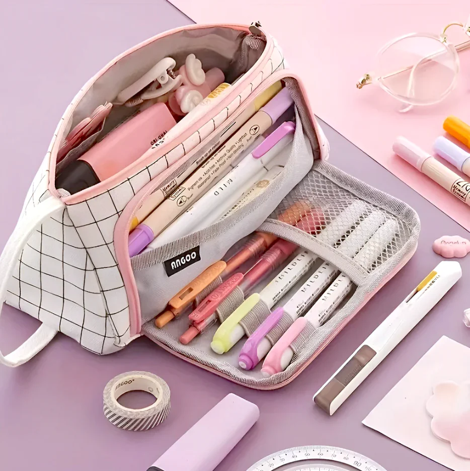 Pink Check Triangle Pencil Case