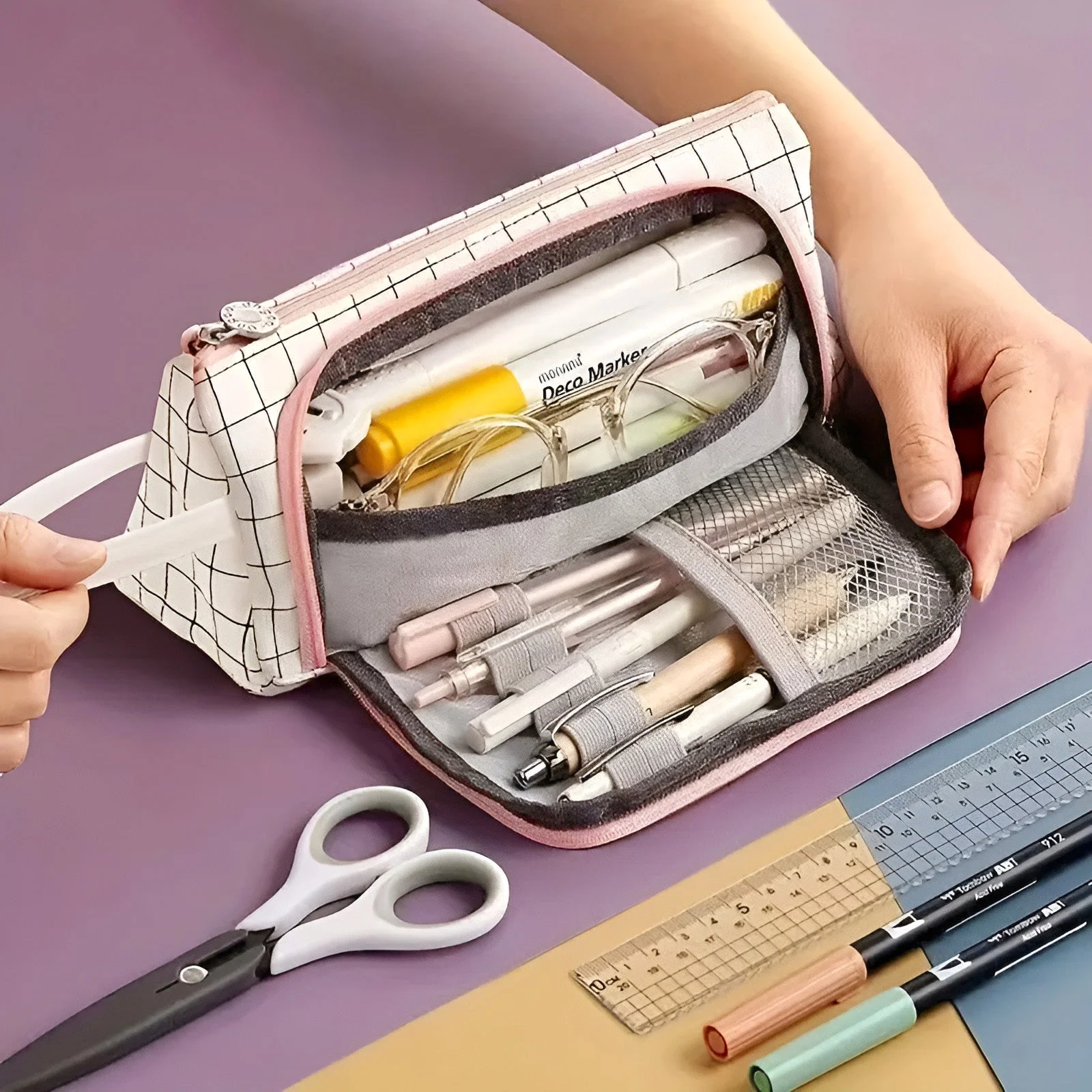 Pink Check Triangle Pencil Case