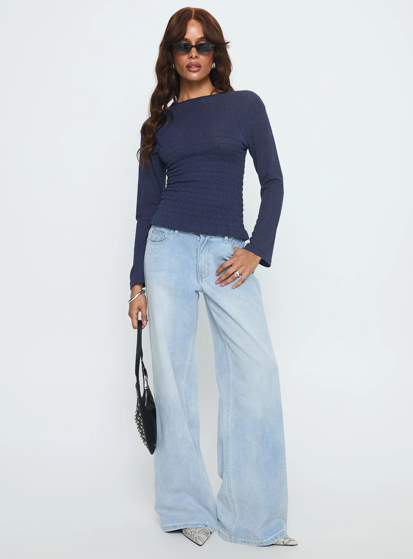 Bradly Shirred Long Sleeve Top Navy