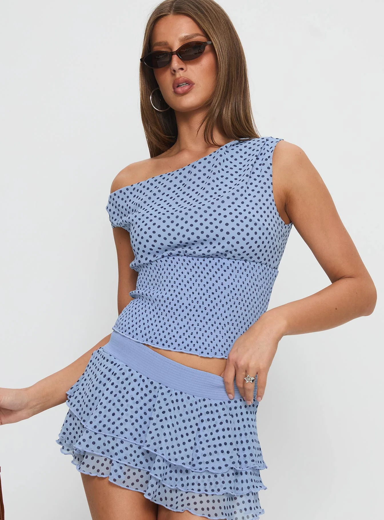 Ready To Party Off Shoulder Top Blue Polka