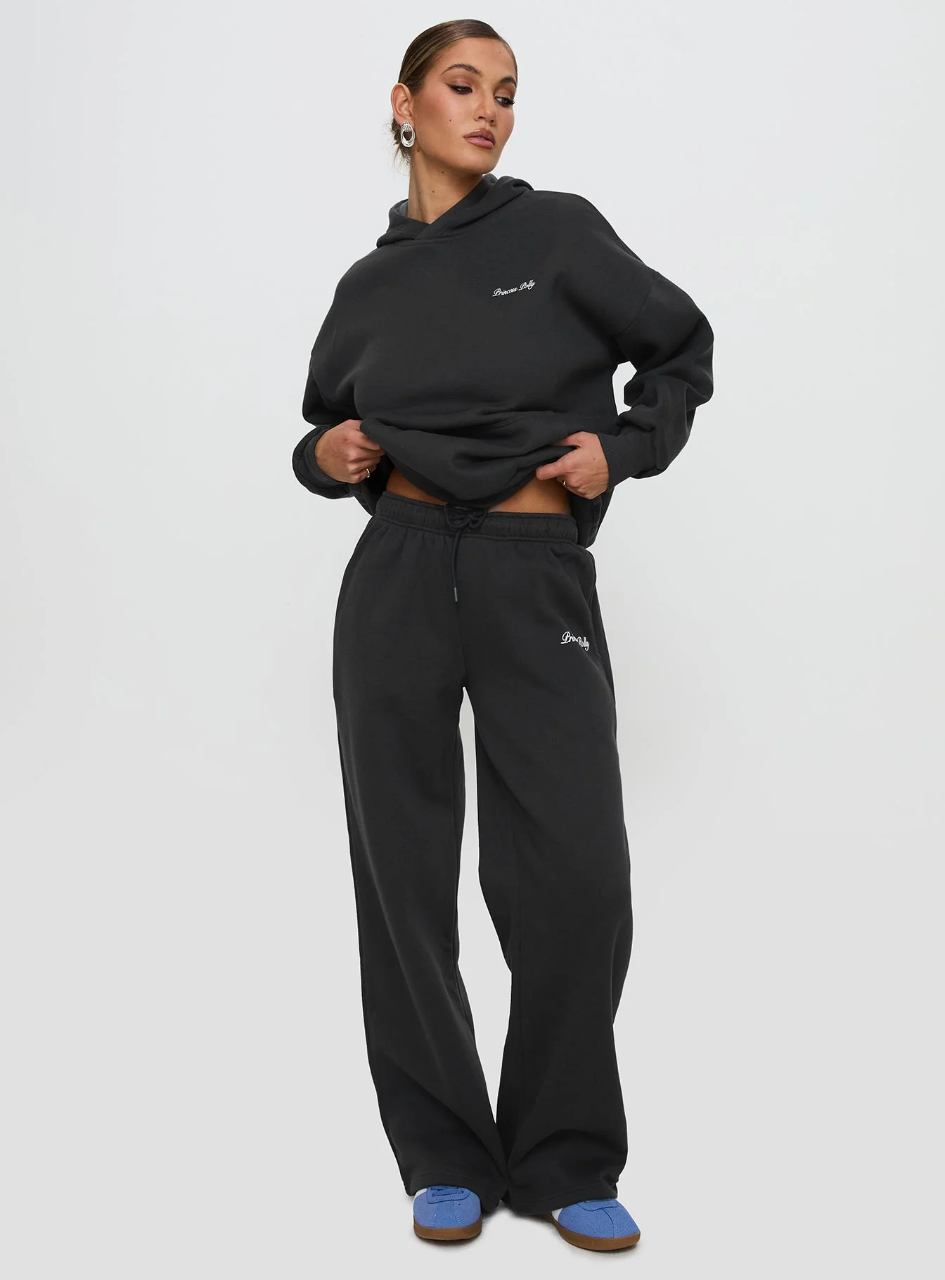 Princess Polly Wide Leg Track Pant Bubble Script Charcoal