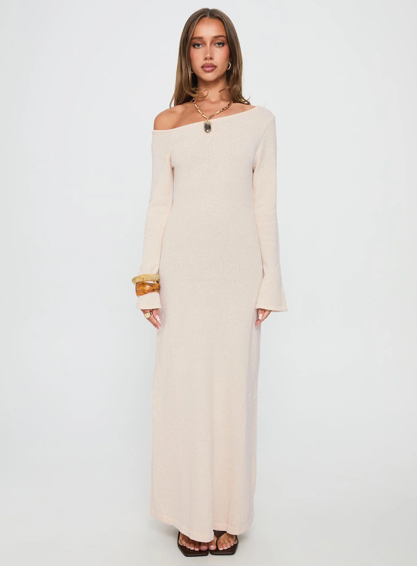 Kloey Long Sleeve Knit Maxi Dress Cream