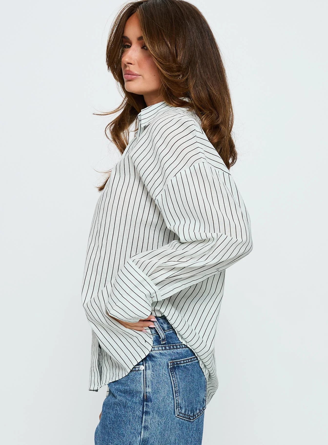 Alexi Long Sleeve Button Down Top Blue / Brown Stripe