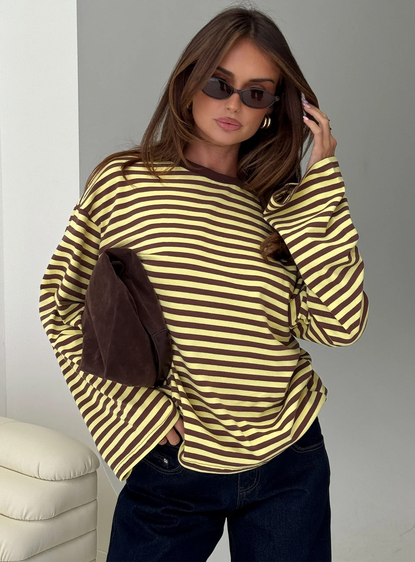 Settle Down Long Sleeve Top Yellow / Brown Stripe