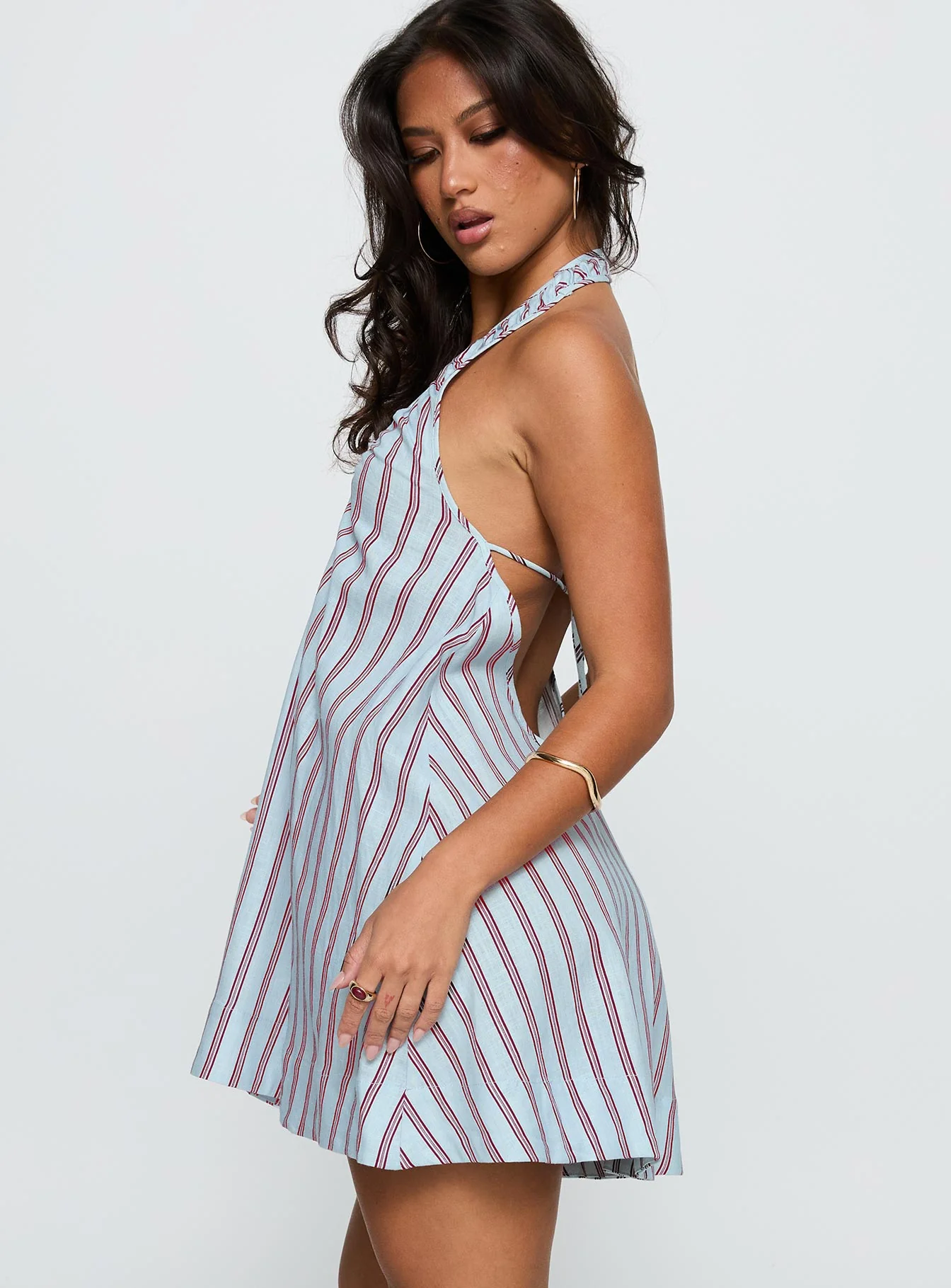Daydreams Linen Blend Halter Mini Dress Blue / Maroon Stripe