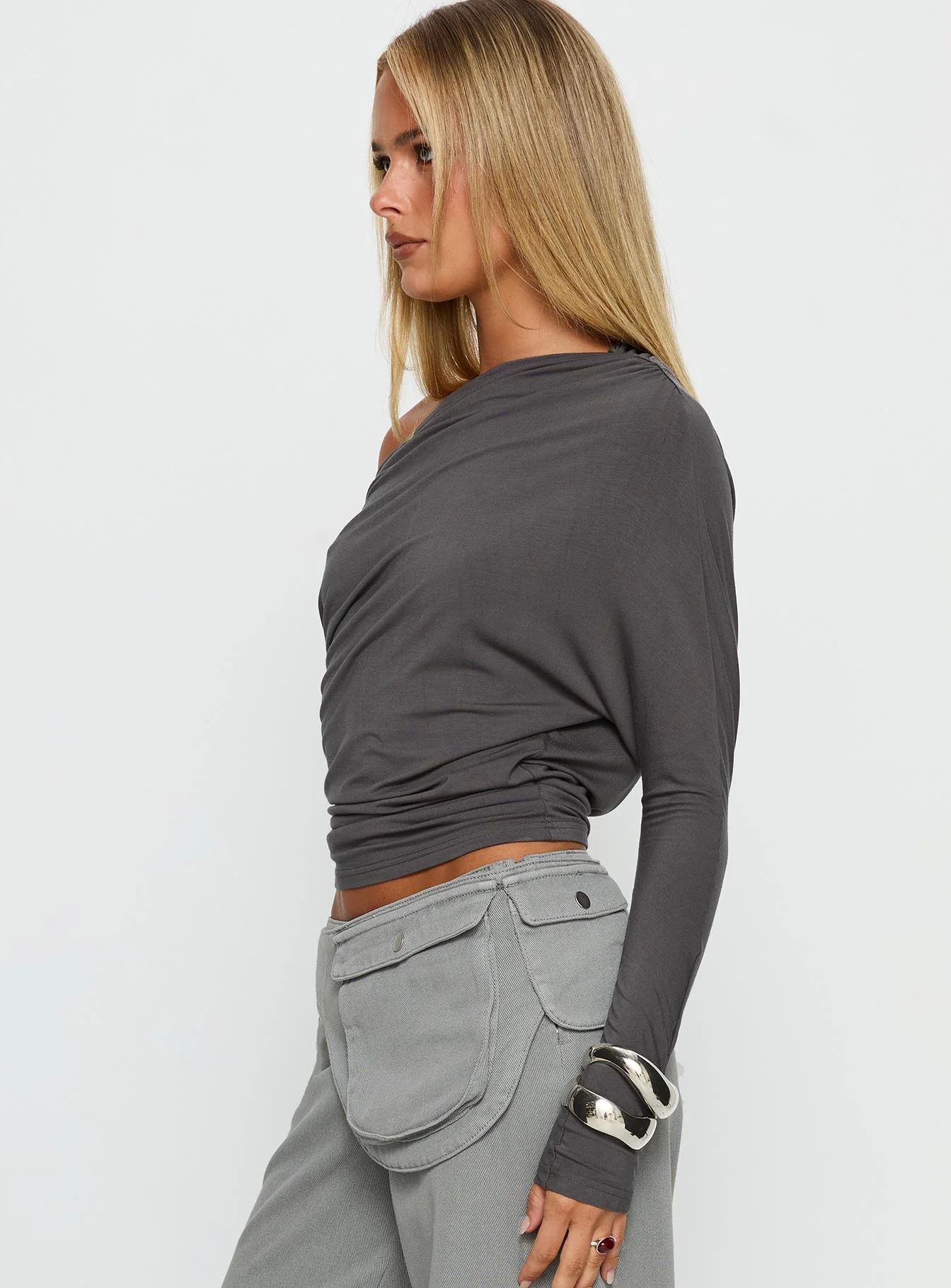 Party Hour Off Shoulder Top Charcoal