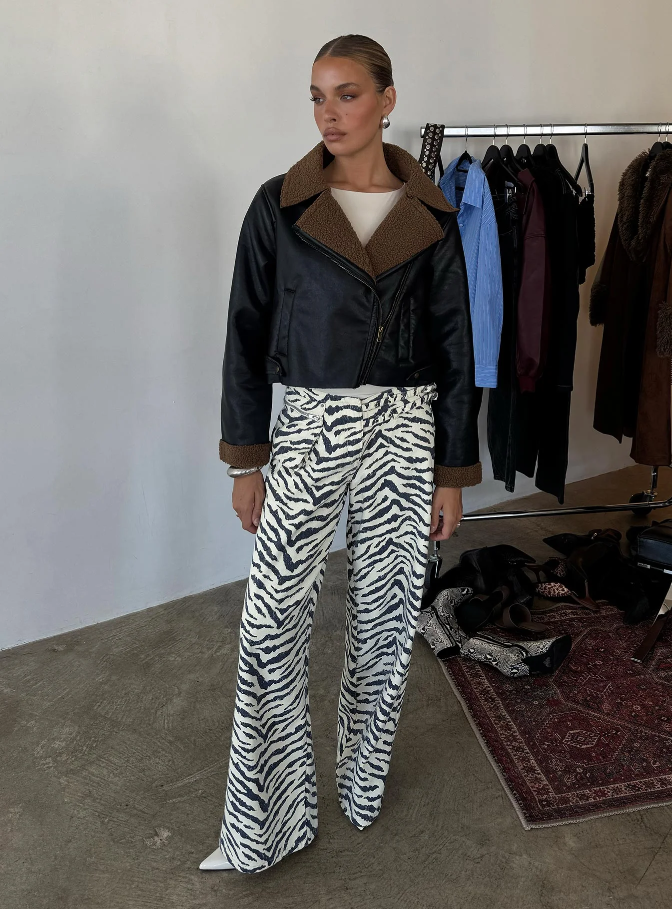 Shearling Trim Faux Leather Jacket Black