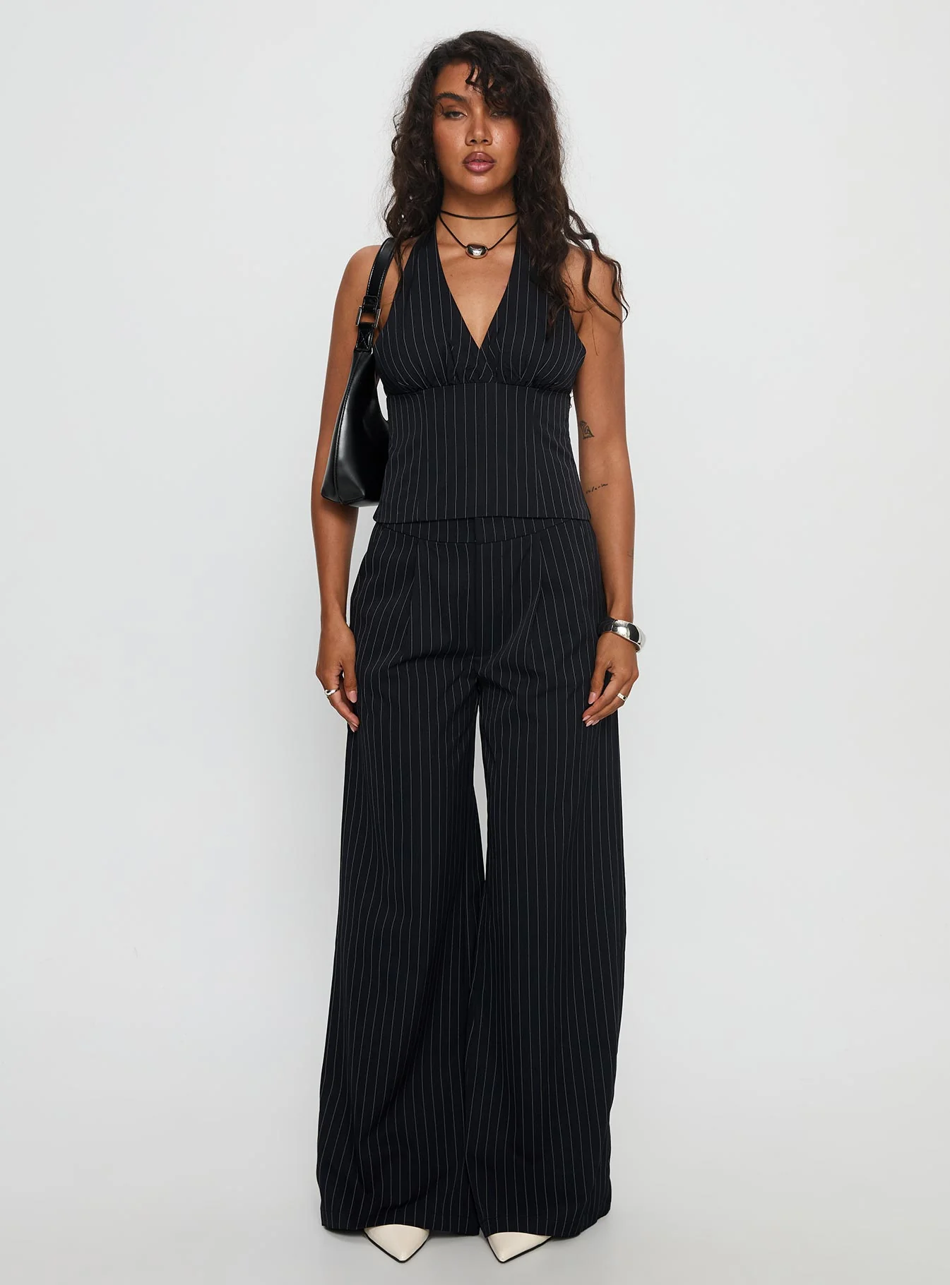 All She Wrote Halter Tailored Set Navy Stripe