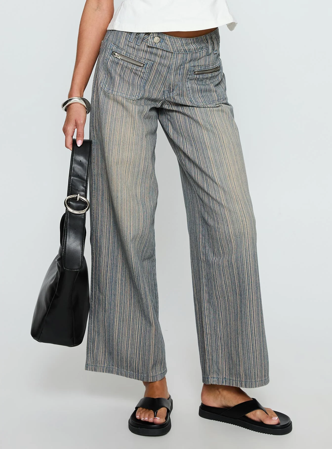 Lifetimes Mid Rise Wide Leg Cargo Jeans Dark Blue Stripe