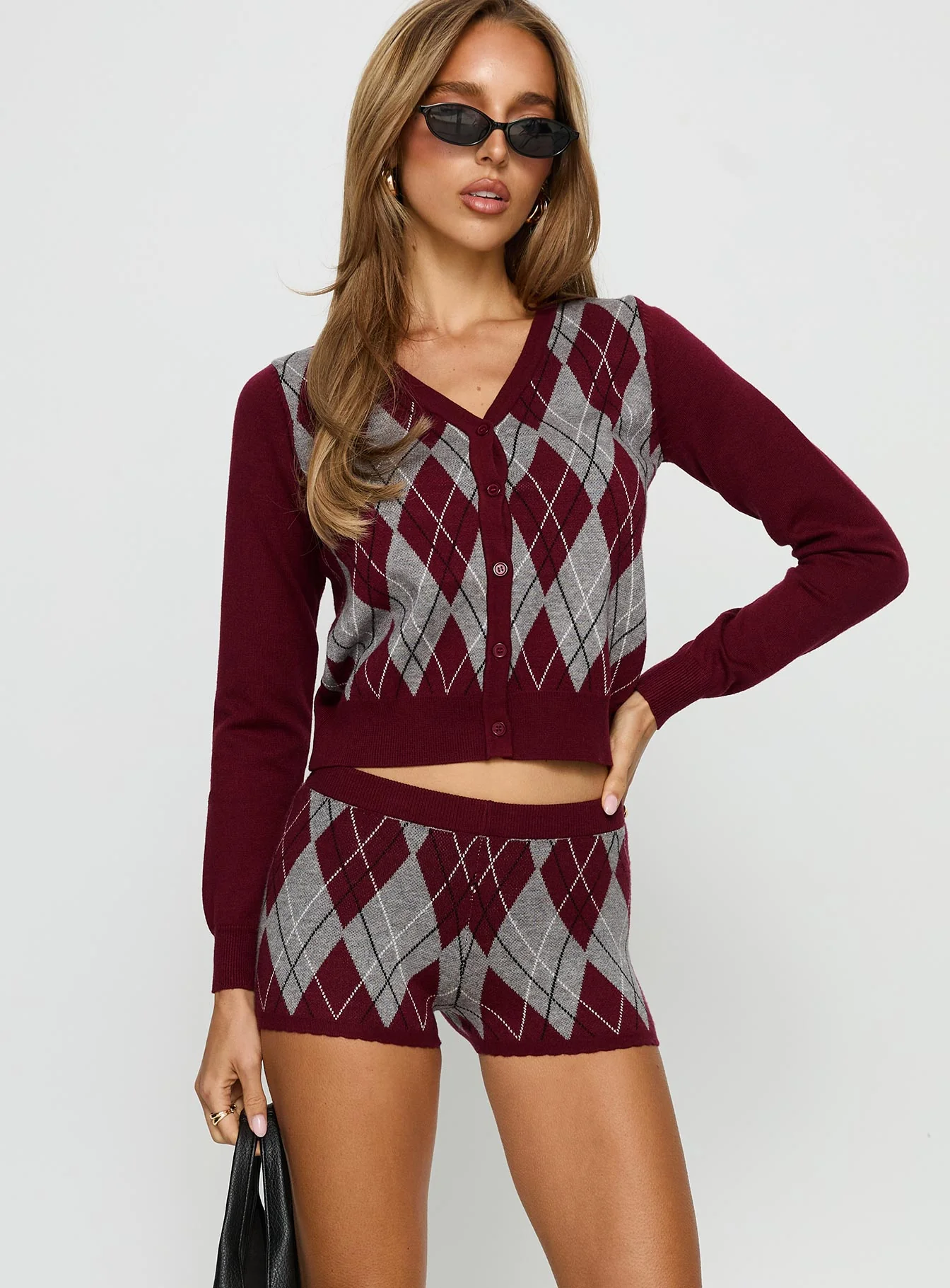 Raiven Knit Shorts Burgundy Argyle