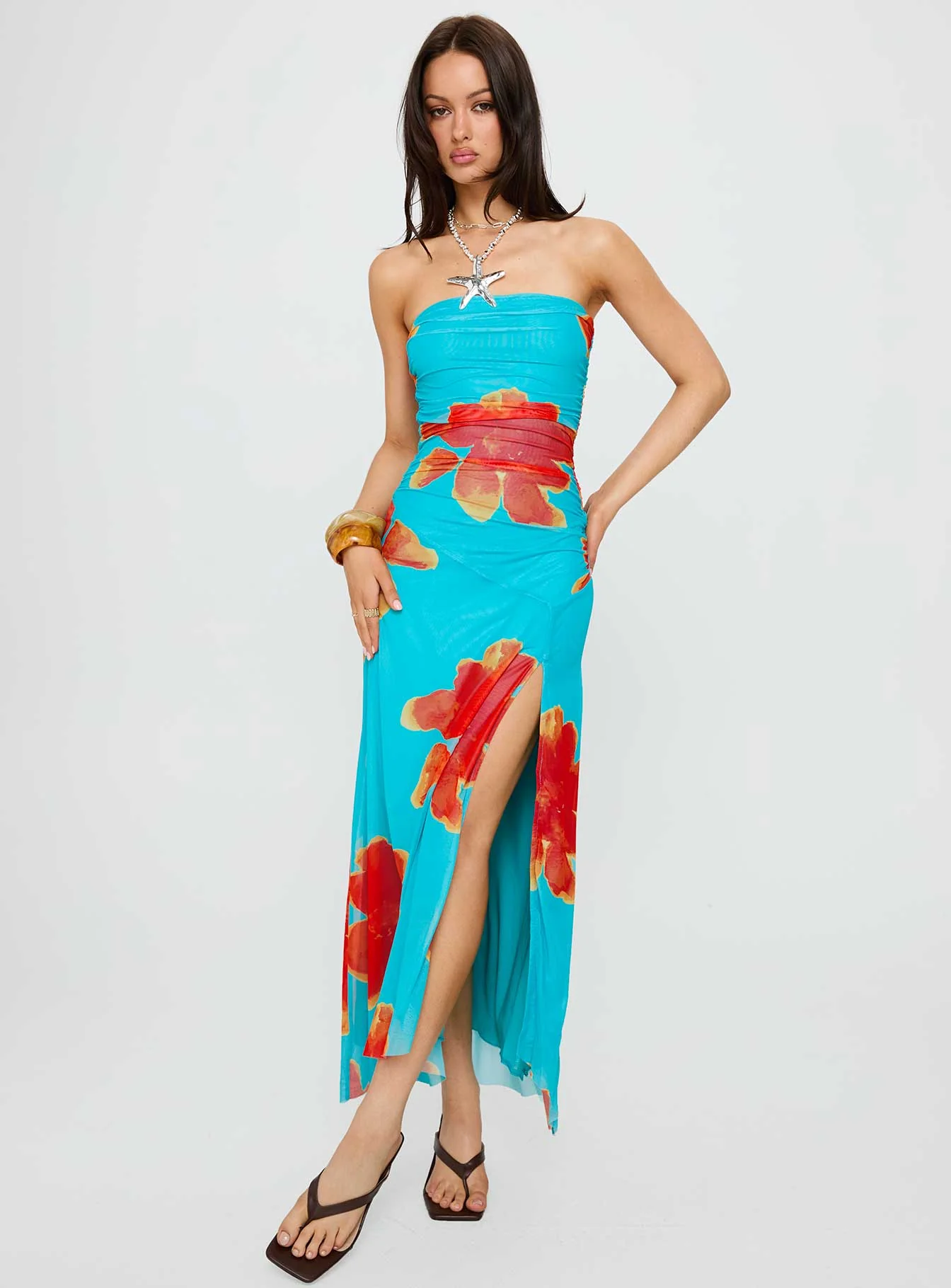 Katara Strapless Maxi Dress Blue / Orange Floral
