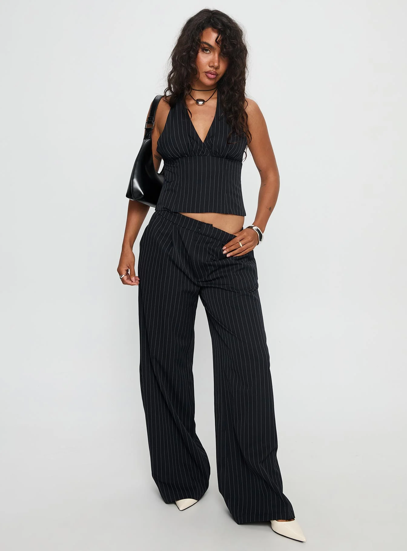 All She Wrote Halter Tailored Set Navy Stripe