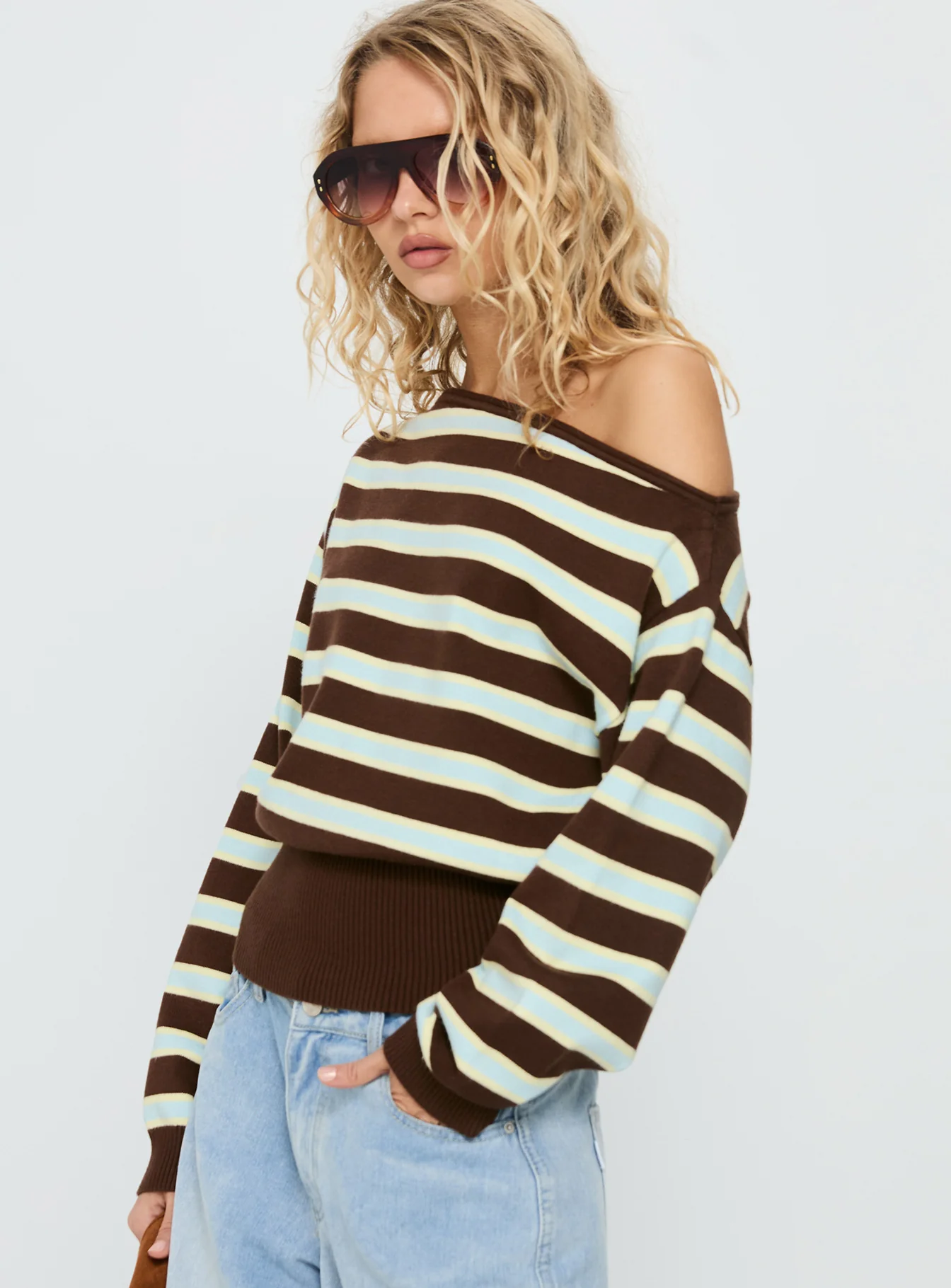 Zinia Off Shoulder Knit Sweater Brown / Blue Stripe