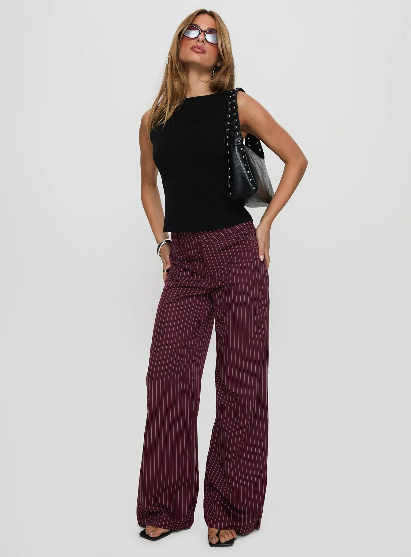 Lorenne Mid Rise Pant Burgundy Pinstripe