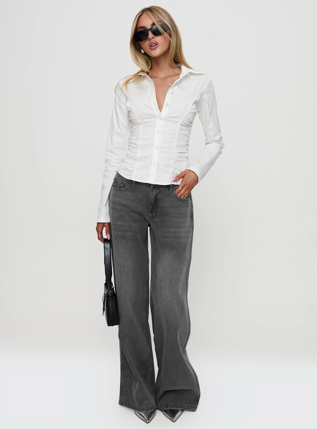 Stand Up Guy Long Sleeved Ruched Detail Top White