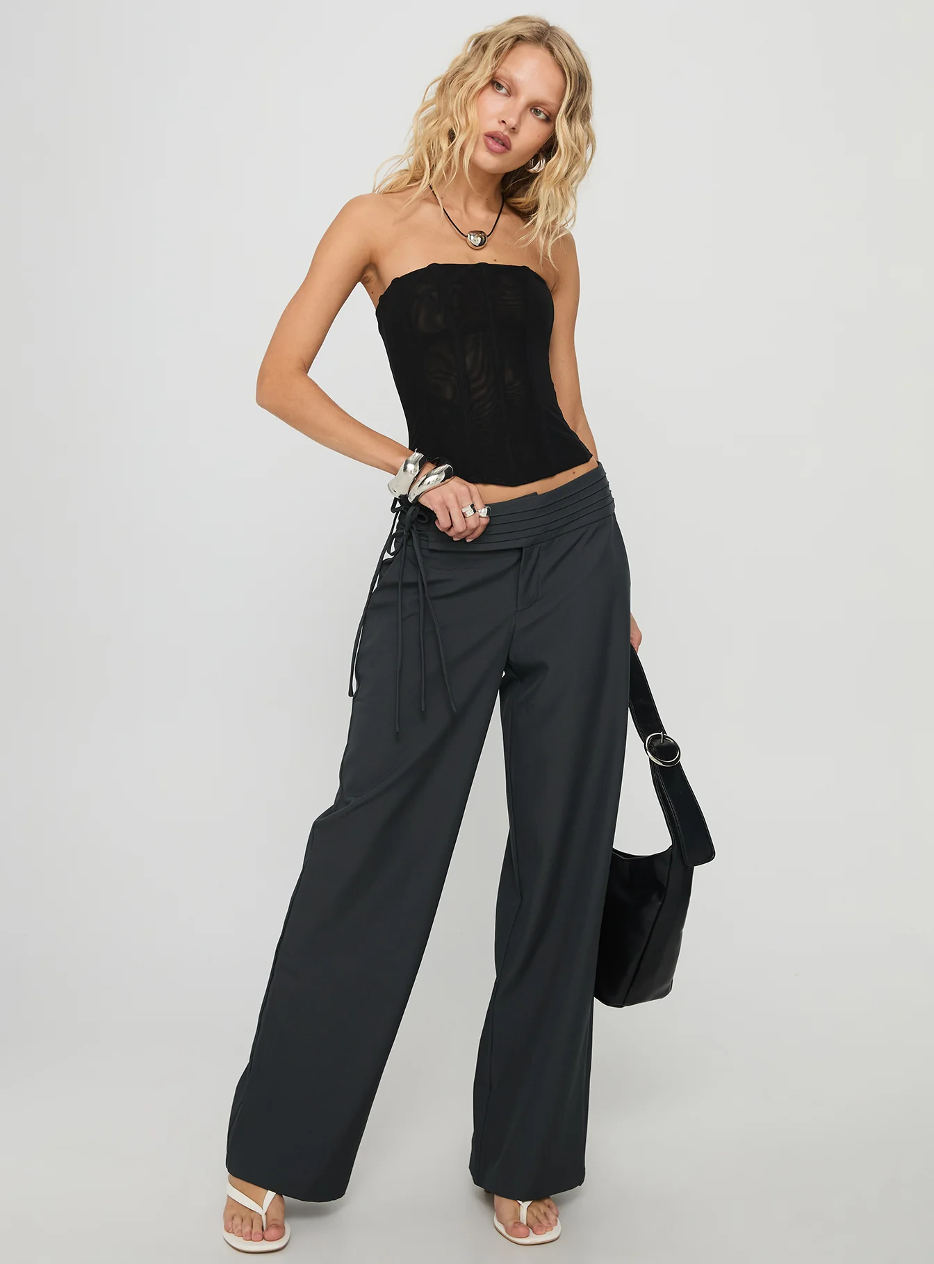 Good Riddance Pleat Tie Slouch Pants Charcoal