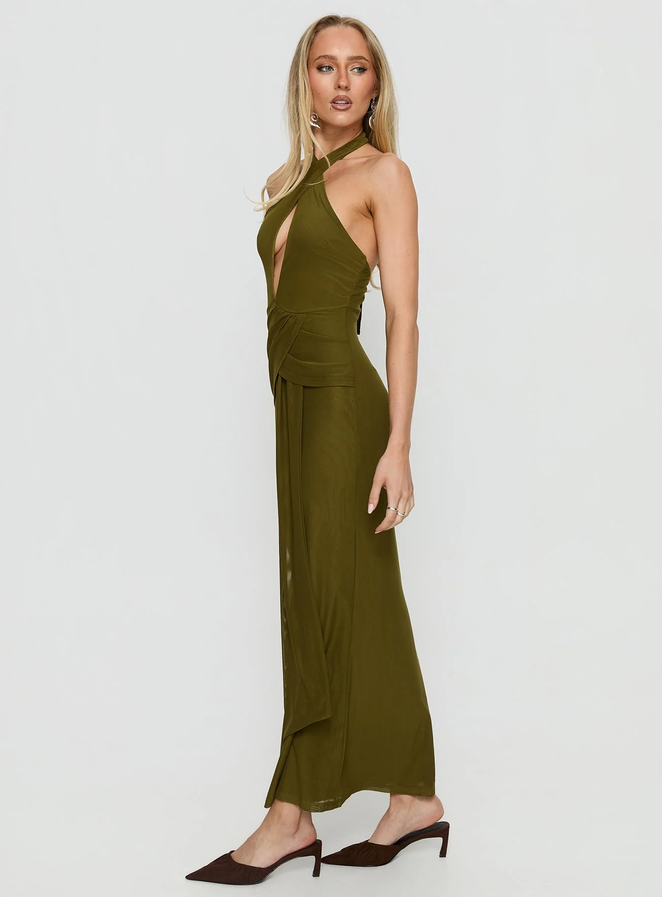 Feliza Keyhole Halter Maxi Dress Olive