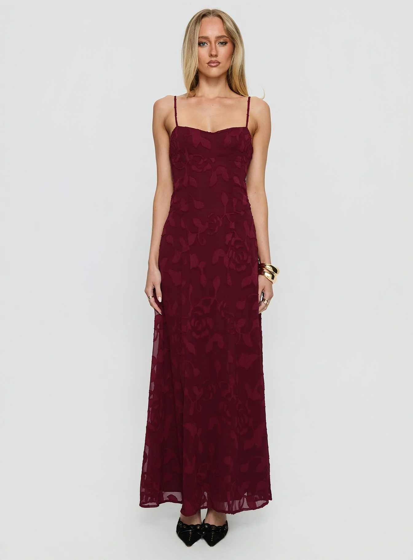 Leading Lady Sweetheart Maxi Dress Red Floral Burnout