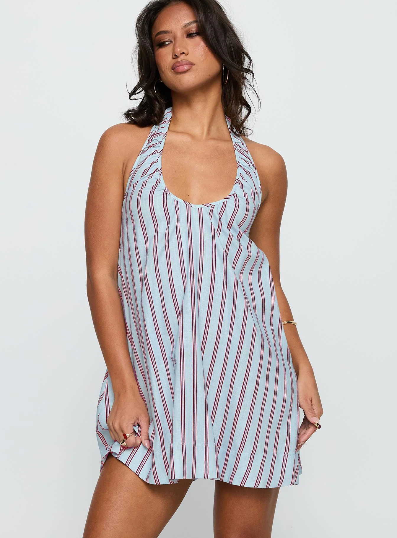 Daydreams Linen Blend Halter Mini Dress Blue / Maroon Stripe