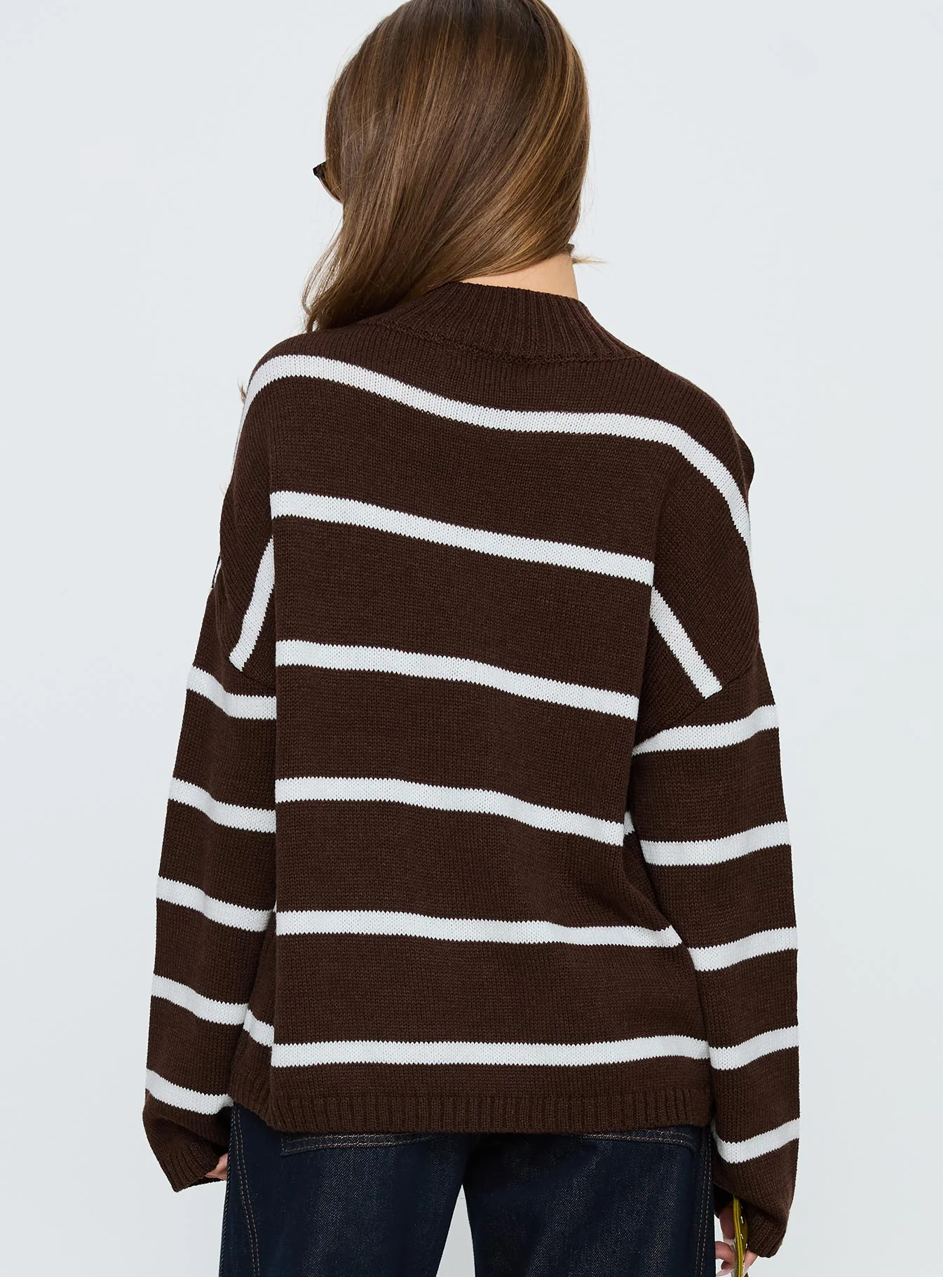 Alara Mock Neck Knit Sweater Brown Stripe