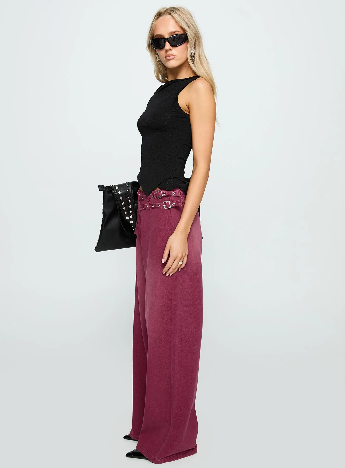 Paltrow Mid Rise Wide Leg Cargo Jeans Washed Burgundy