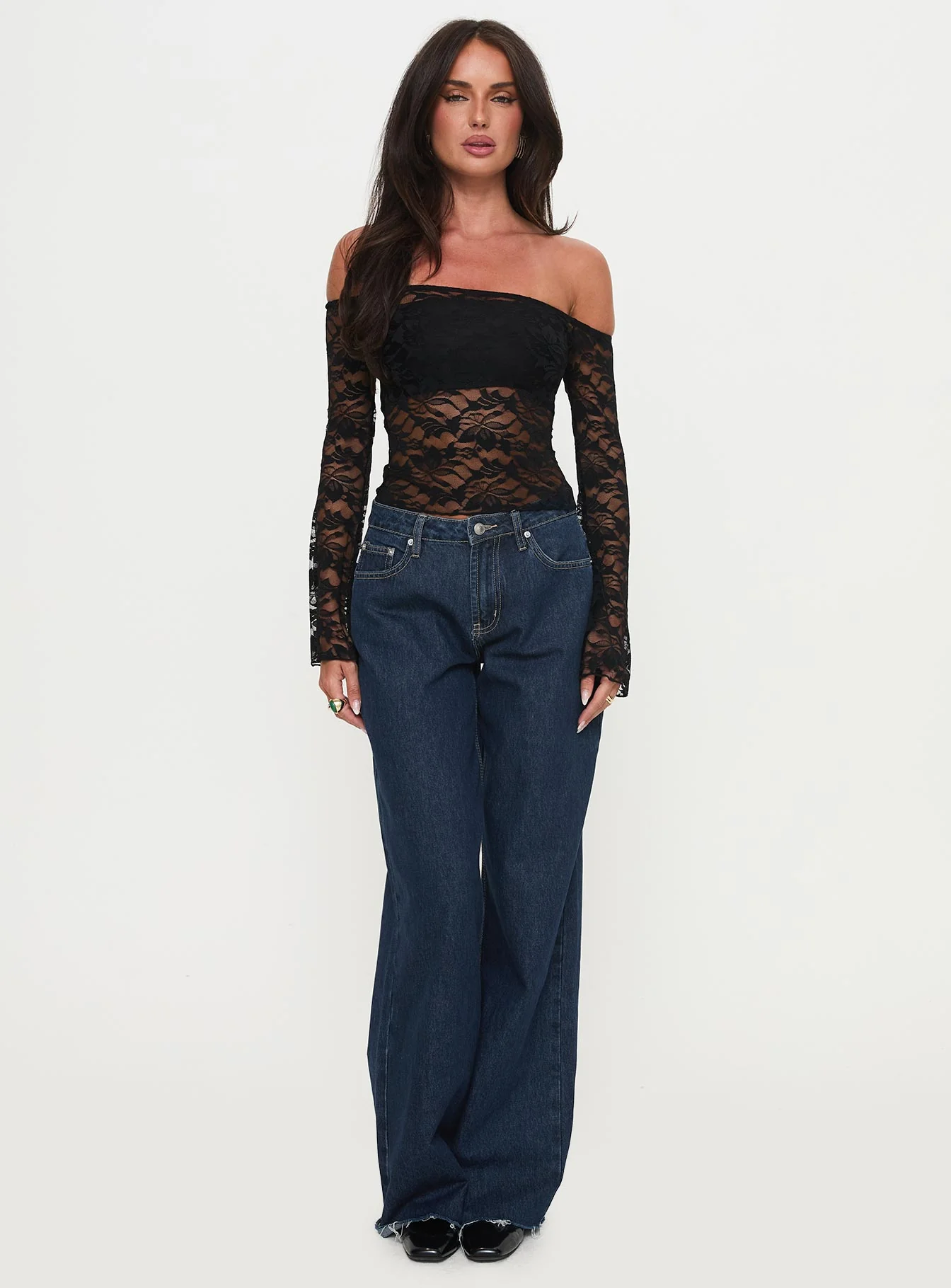 Good Judgement Off Shoulder Lace Long Sleeve Top Black