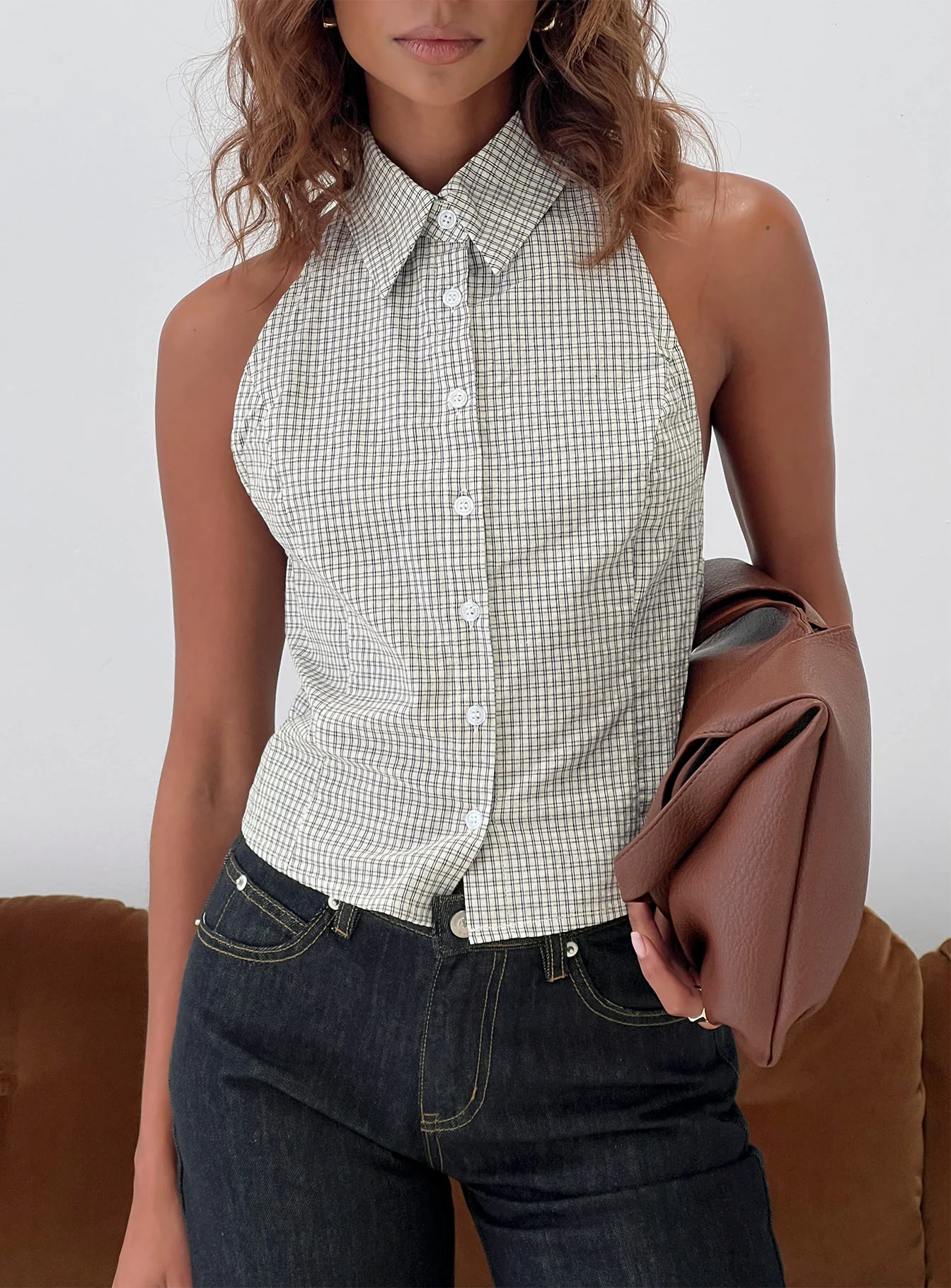 Different Dimensions Sleeveless Collared Top Check
