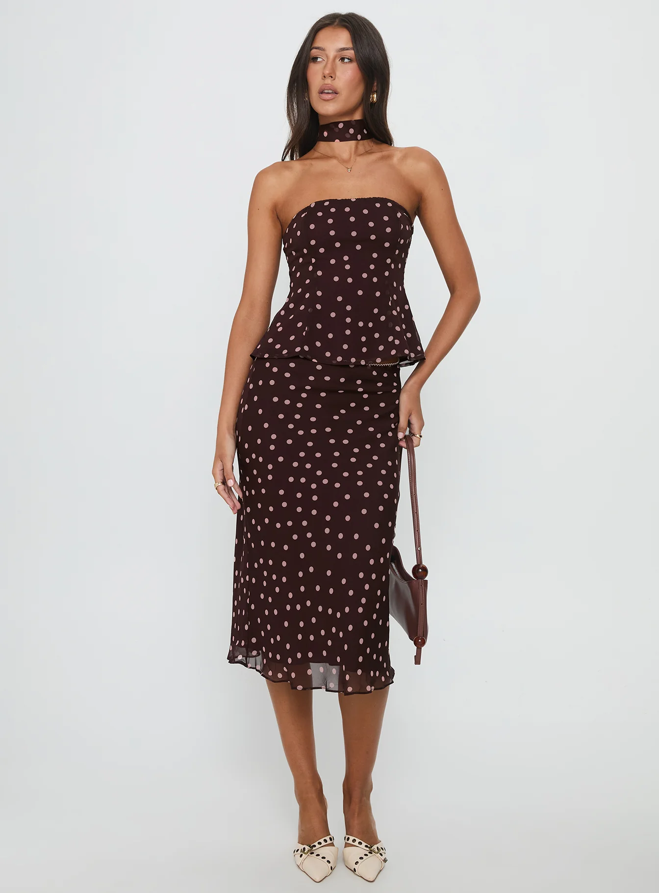 Sydni Midi Bias Cut Skirt Chocolate / Pink Polka