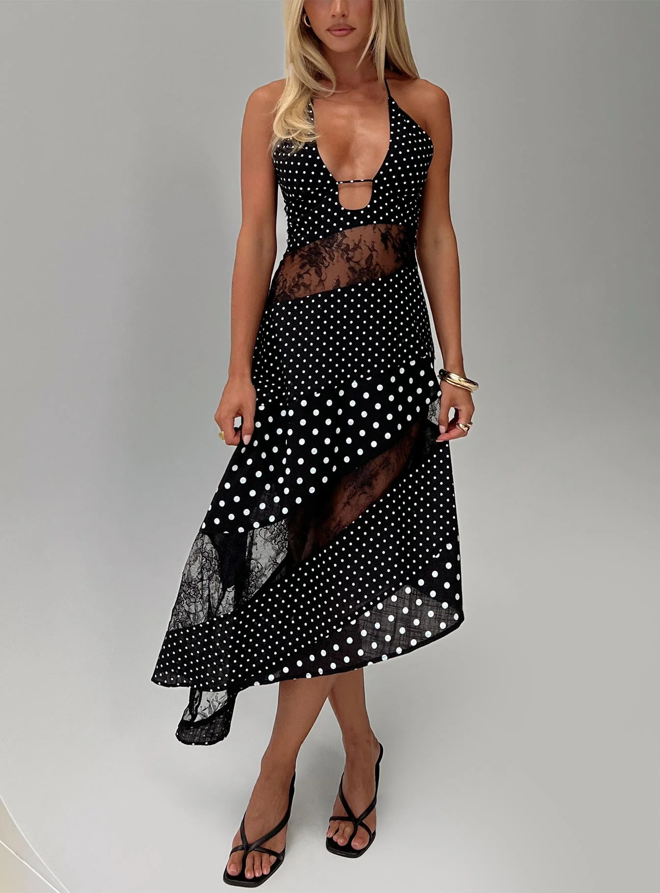 Down With Love Asymmetrical Midi Dress Black / White Polka