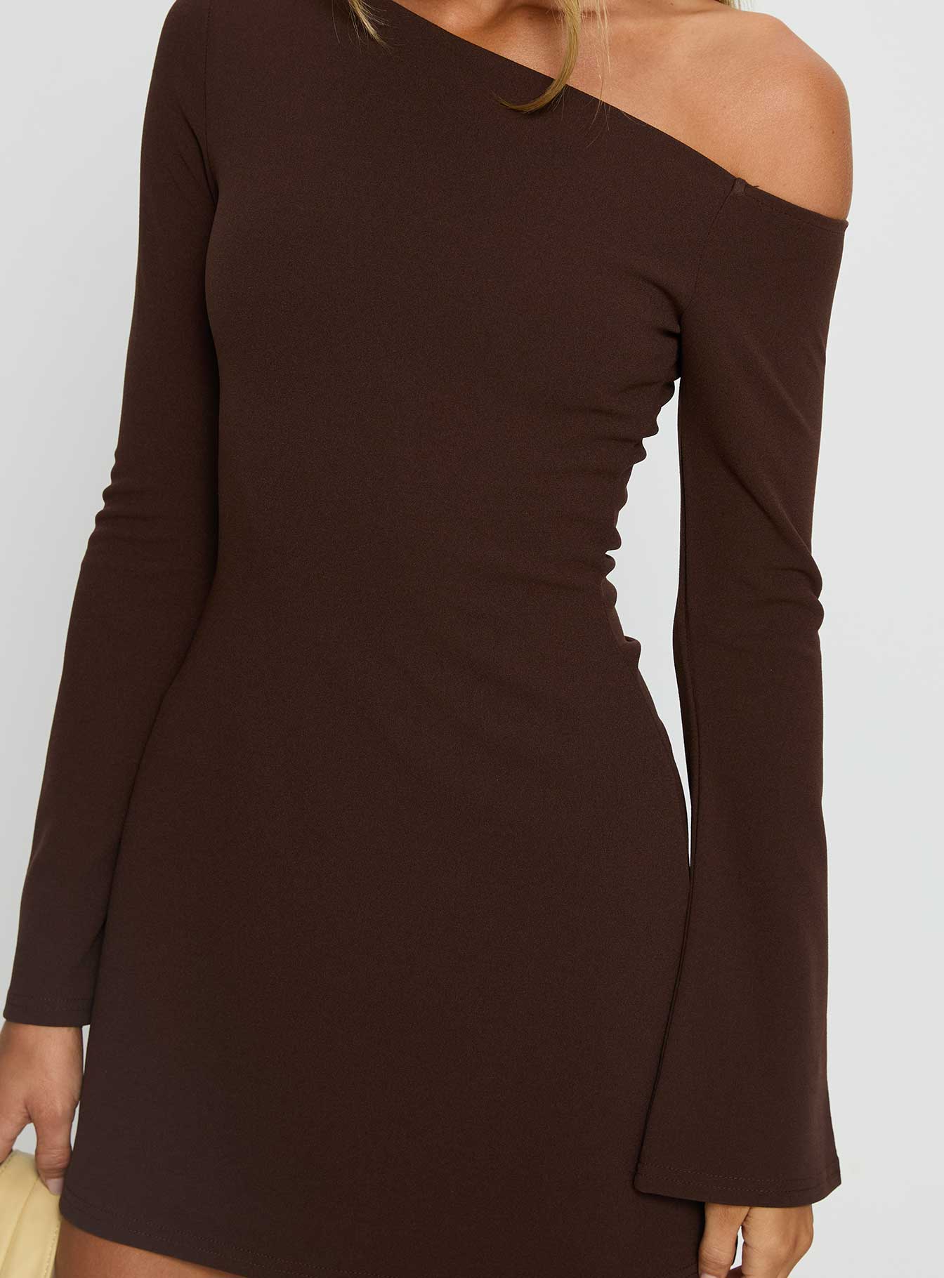 Adrietta Long Sleeve Off Shoulder Knit Mini Dress Brown