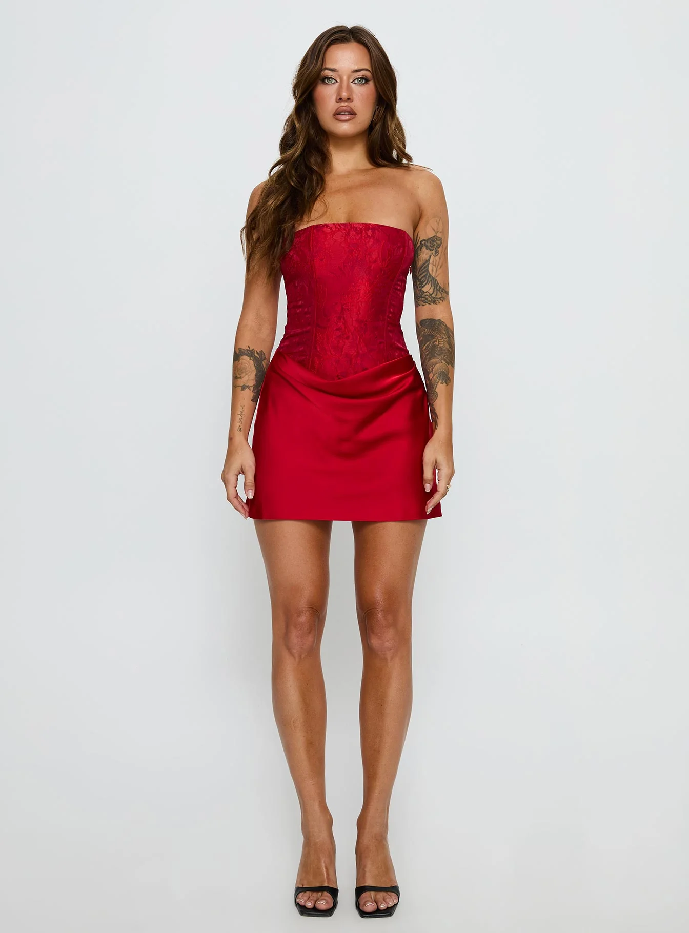 Jenevieve Strapless Drape Mini Dress Red