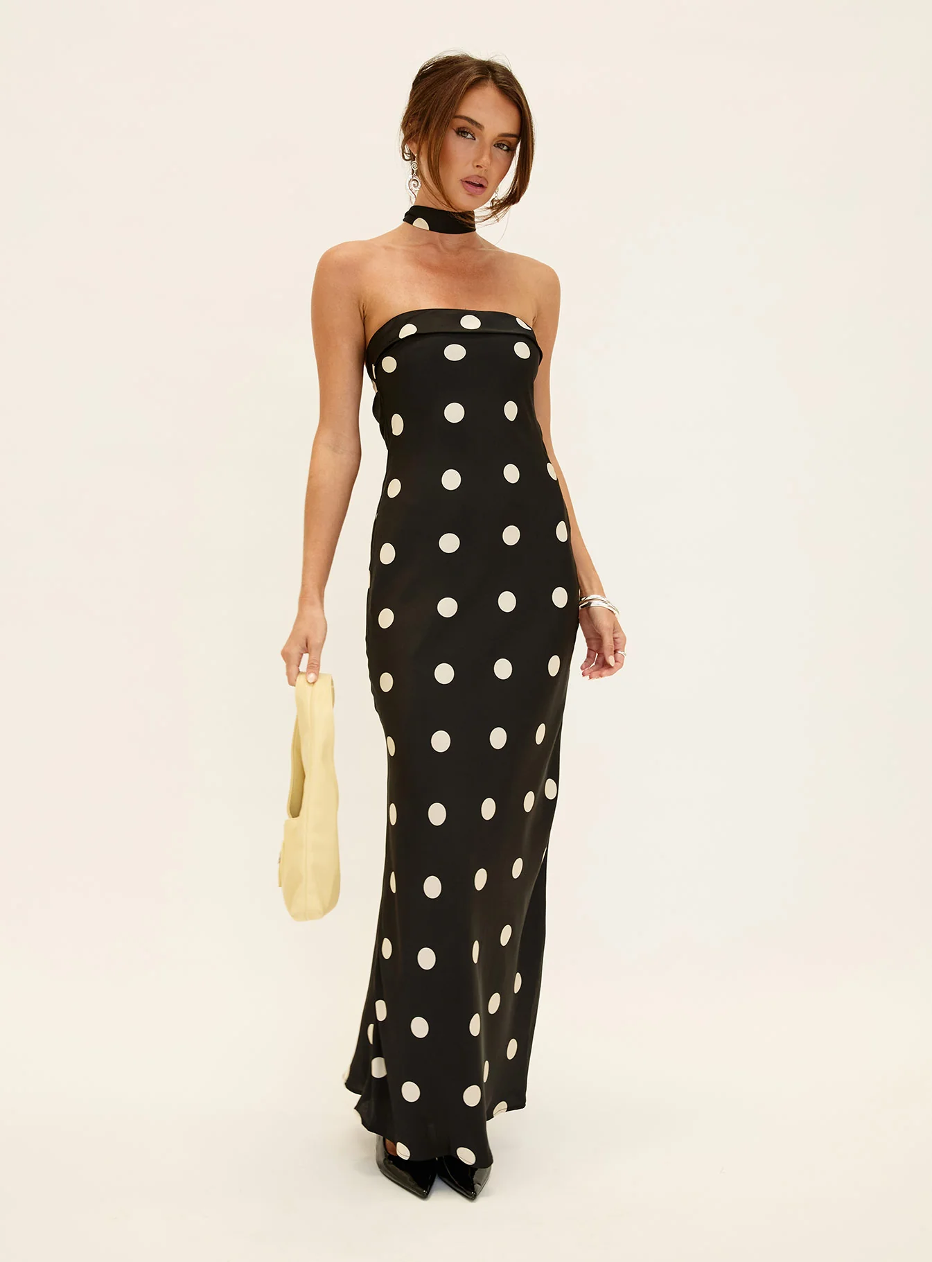 Madilaine Strapless Scarf Maxi Dress Black / Polka Dot