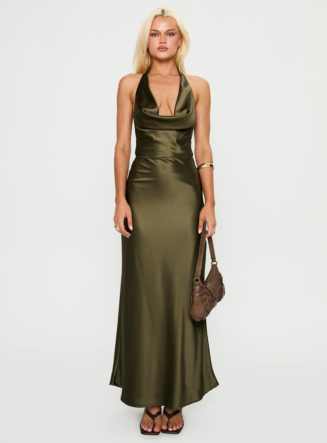 Iridescent Plunge Maxi Dress Olive Green