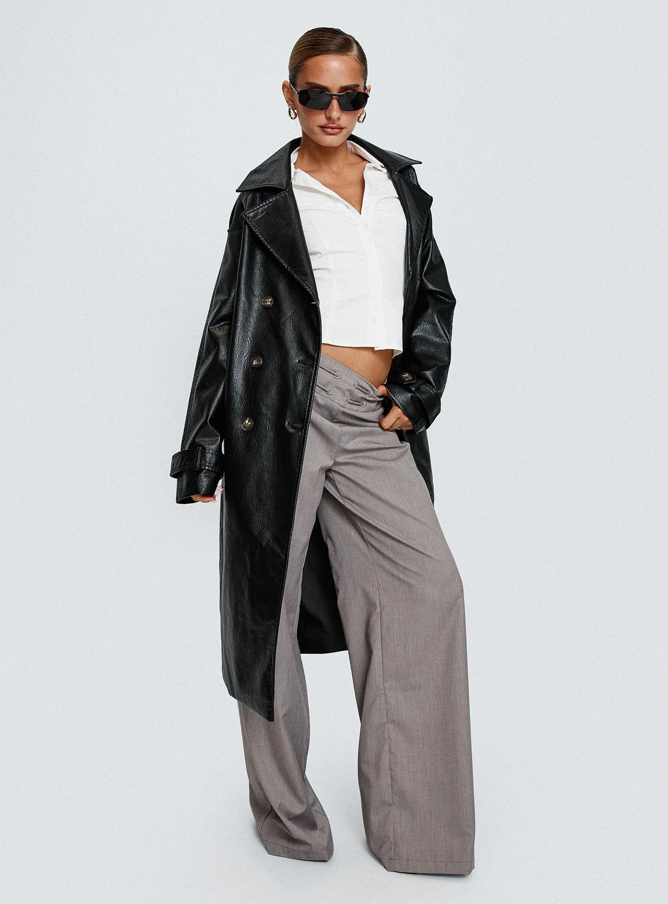 Think Later Faux Leather Trench Coat Black