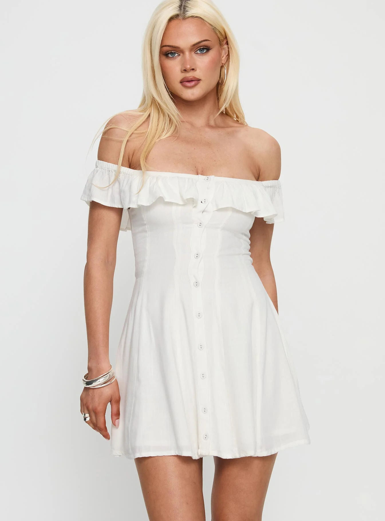 Corail Off Shoulder Frill Mini Dress White