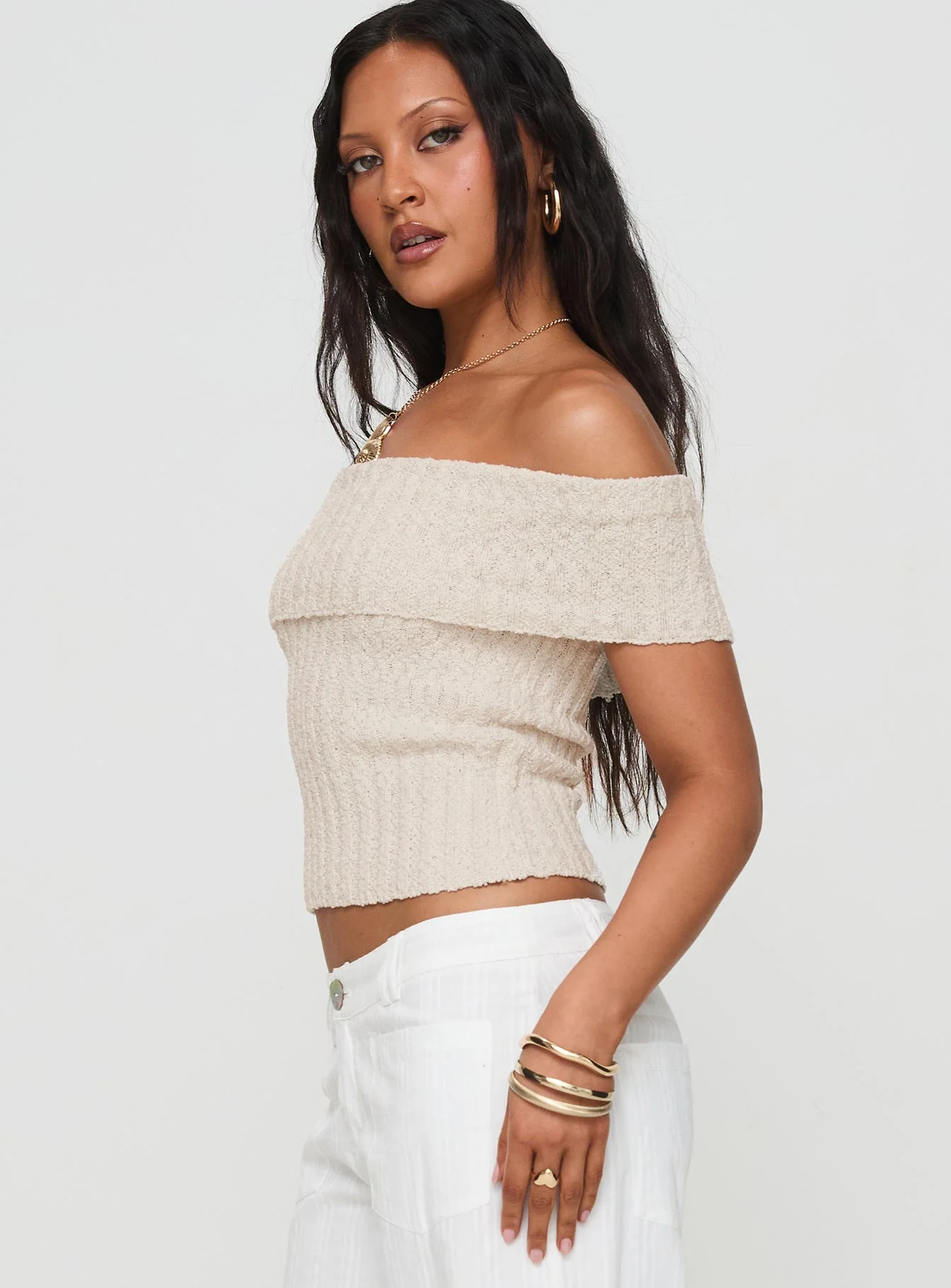 Murmur Off Shoulder Top Beige