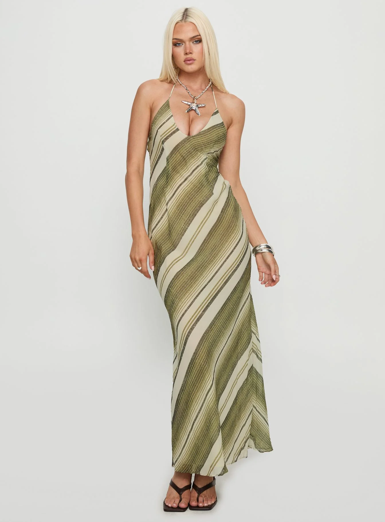 Esmira Halter Maxi Dress Green Stripe