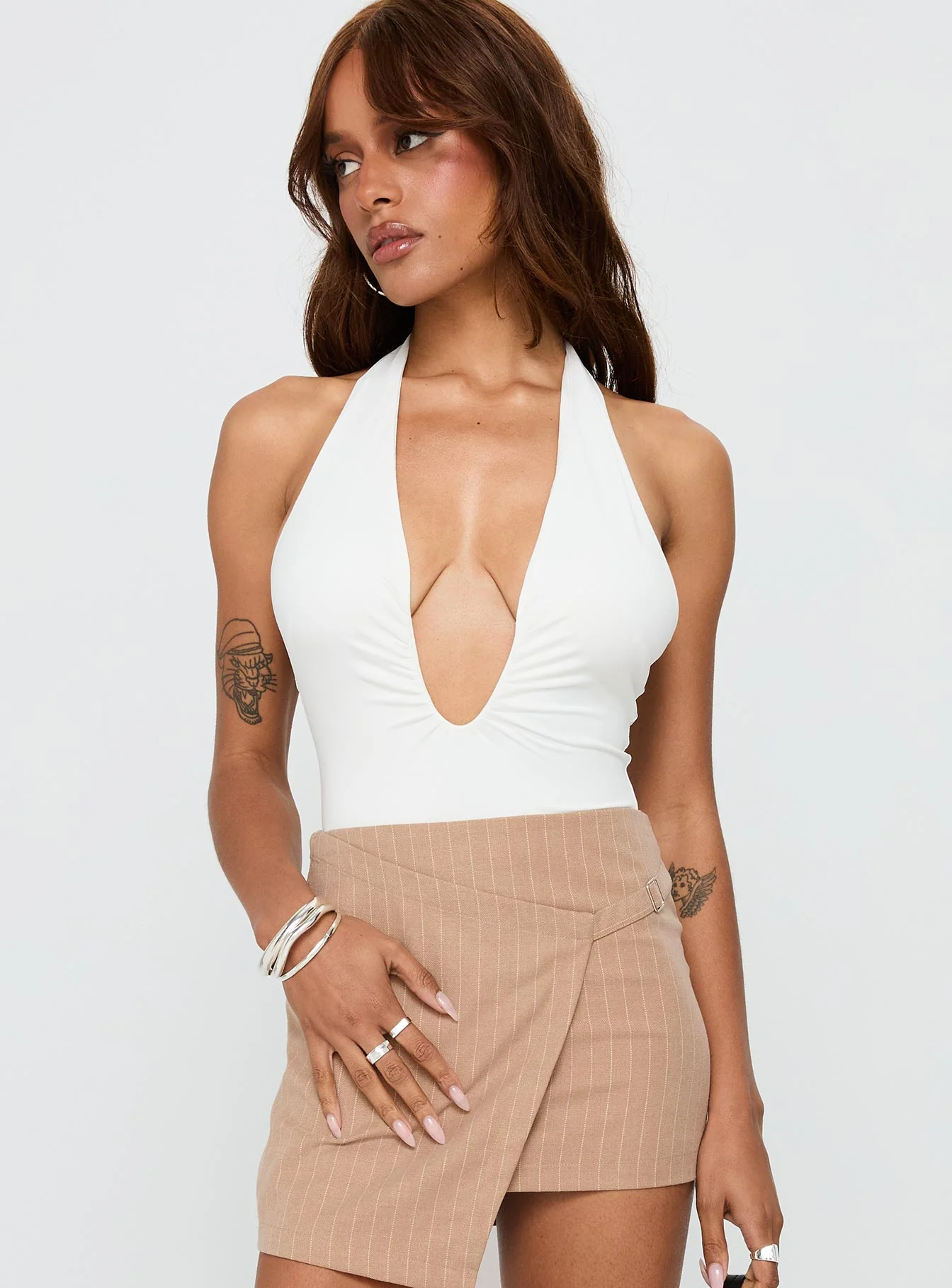 Emmalyne Plunge Neck Bodysuit White