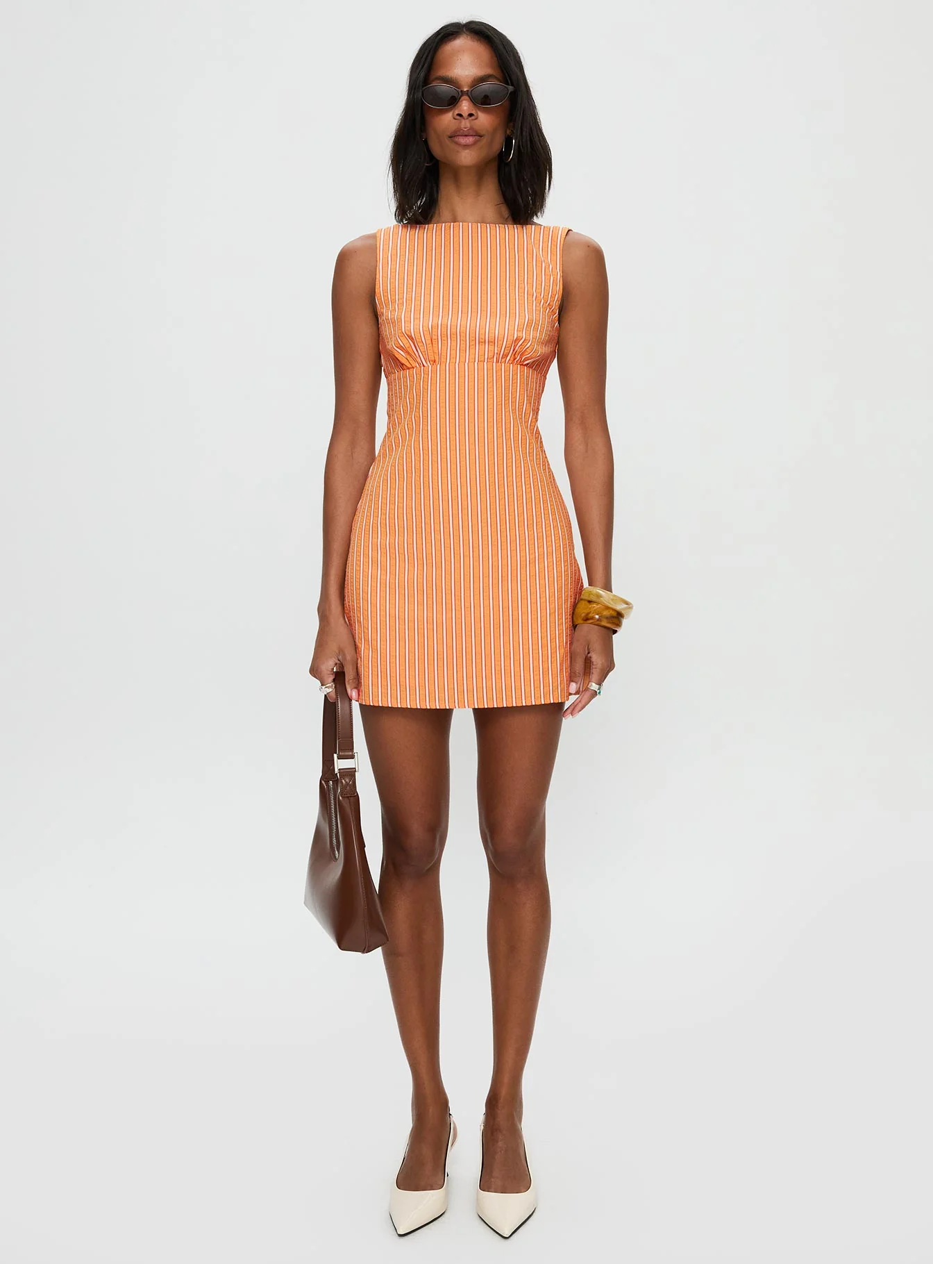 Ellesandra Boat Neck Mini Dress Orange Stripe