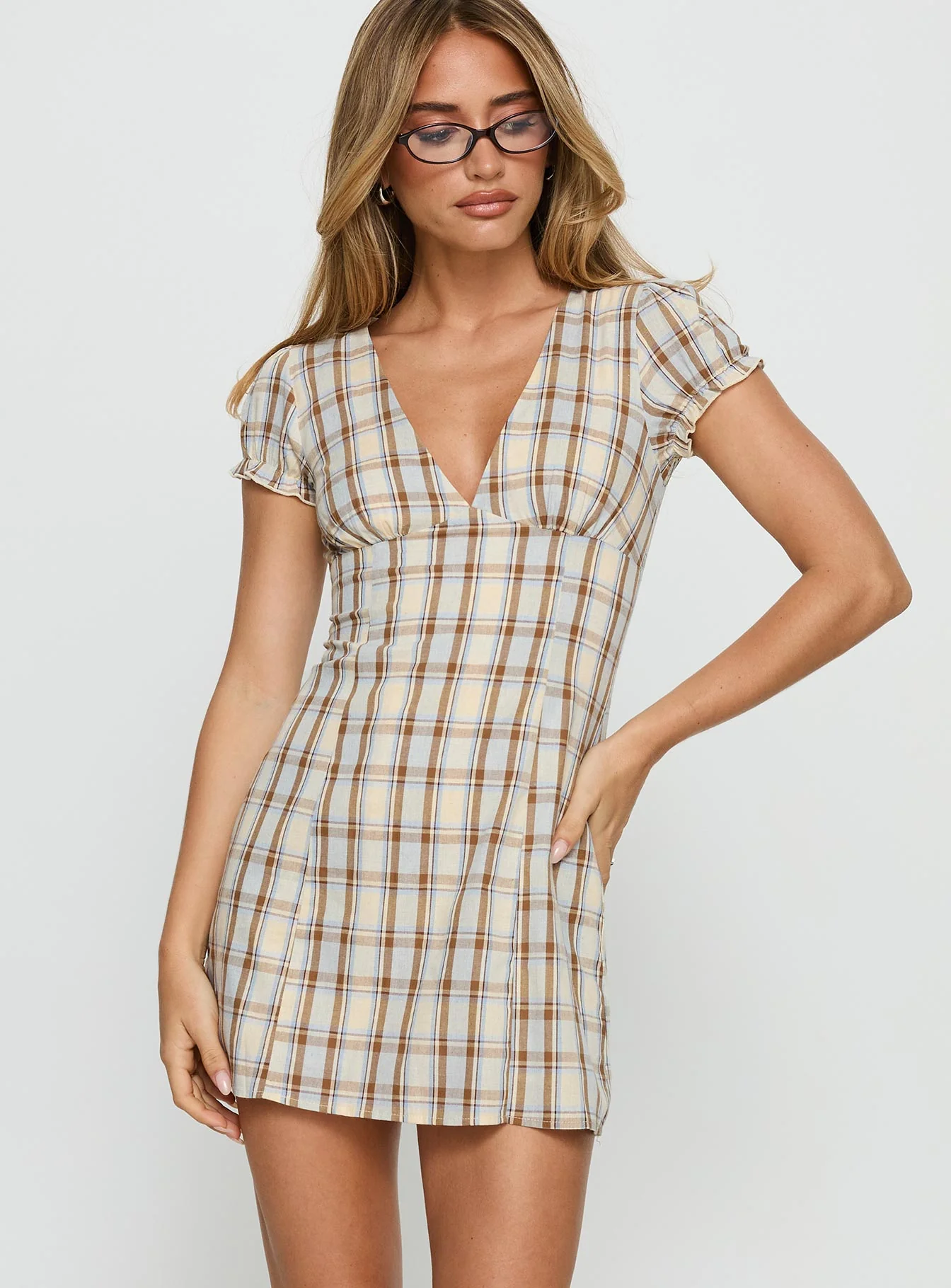Mystee Plunge Neck Playsuit Blue Check