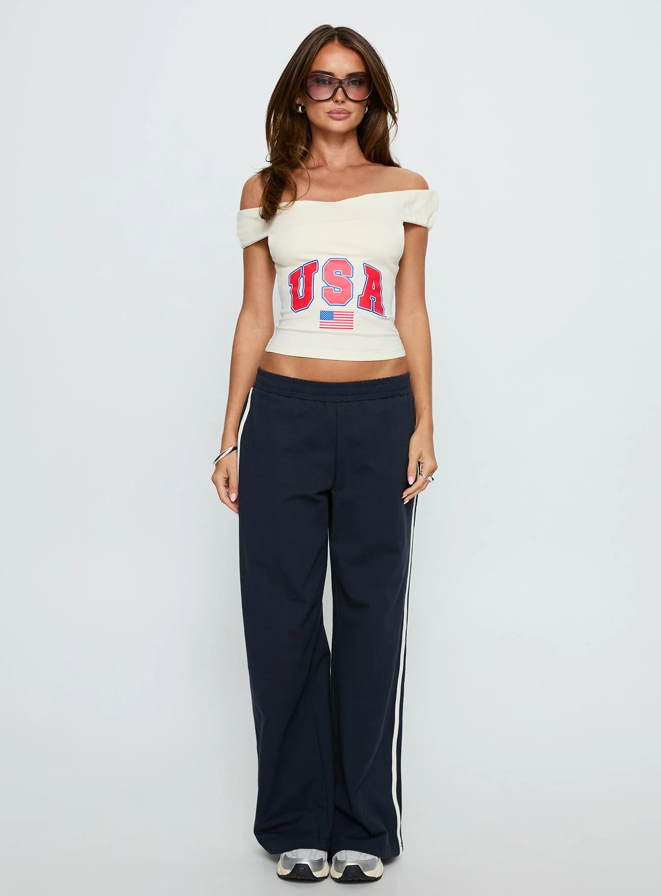 American Spirit Off the Shoulder Graphic Top Cream