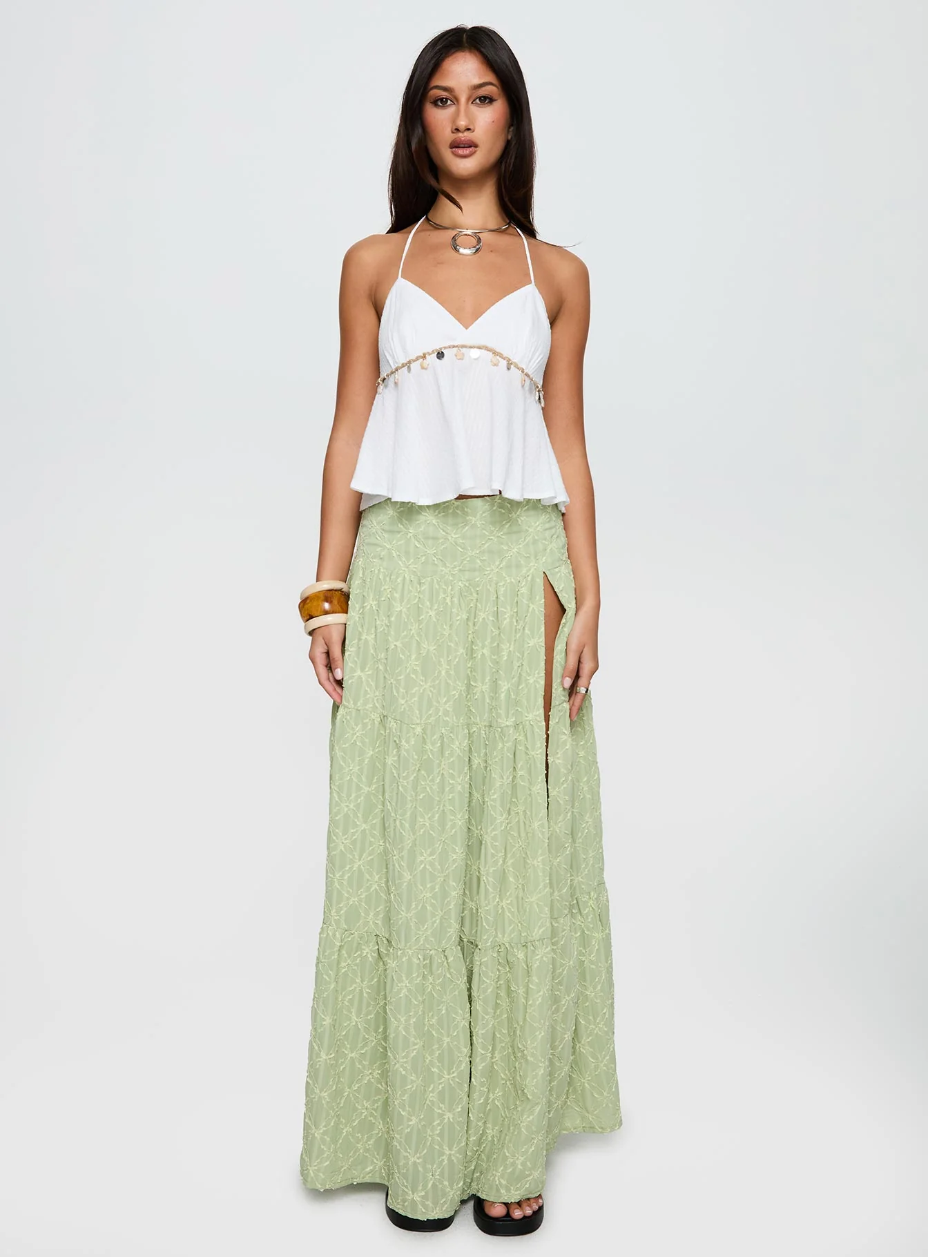 Silver Soul Embroidered Maxi Skirt Sage