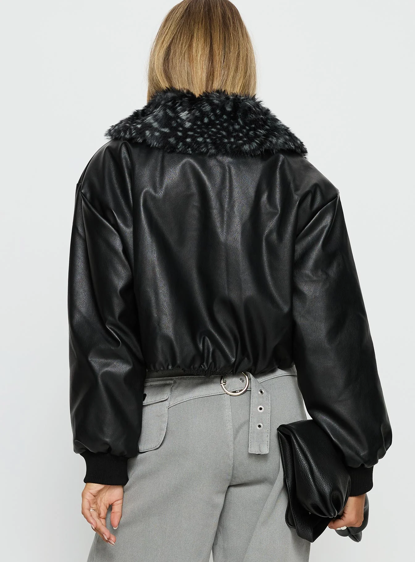 Koemi Faux Leather Collared Jacket Black